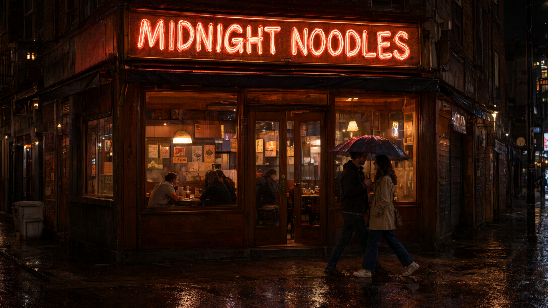 Wide cinematic shot of a neon-lit ramen shop storefront at night, glowing hand-painted sign reading "MIDNIGHT NOODLES", rain-slick street reflections, a couple sharing an umbrella walking past