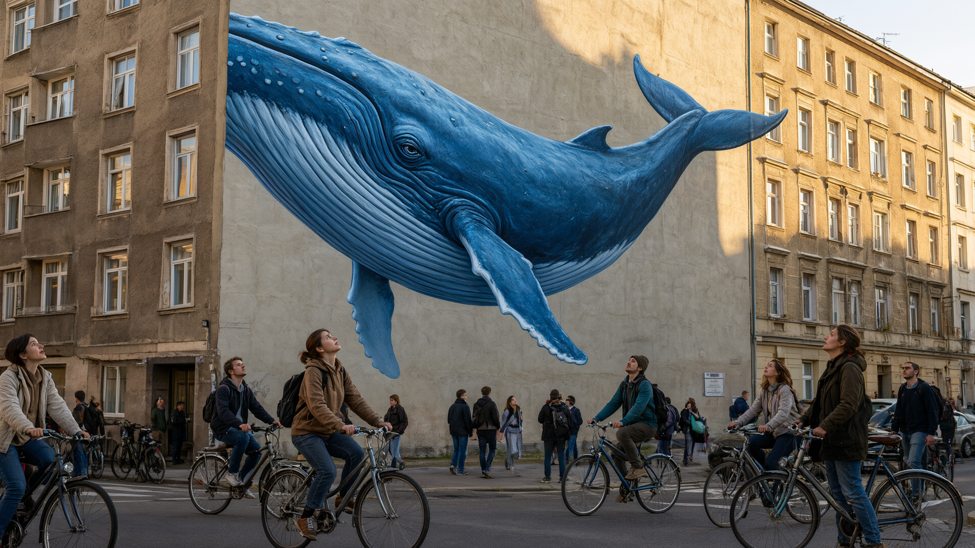 Wide shot of a photorealistic street mural of a giant blue whale swimming across an entire apartment block wall, pedestrians and cyclists below looking up in wonder, late afternoon light