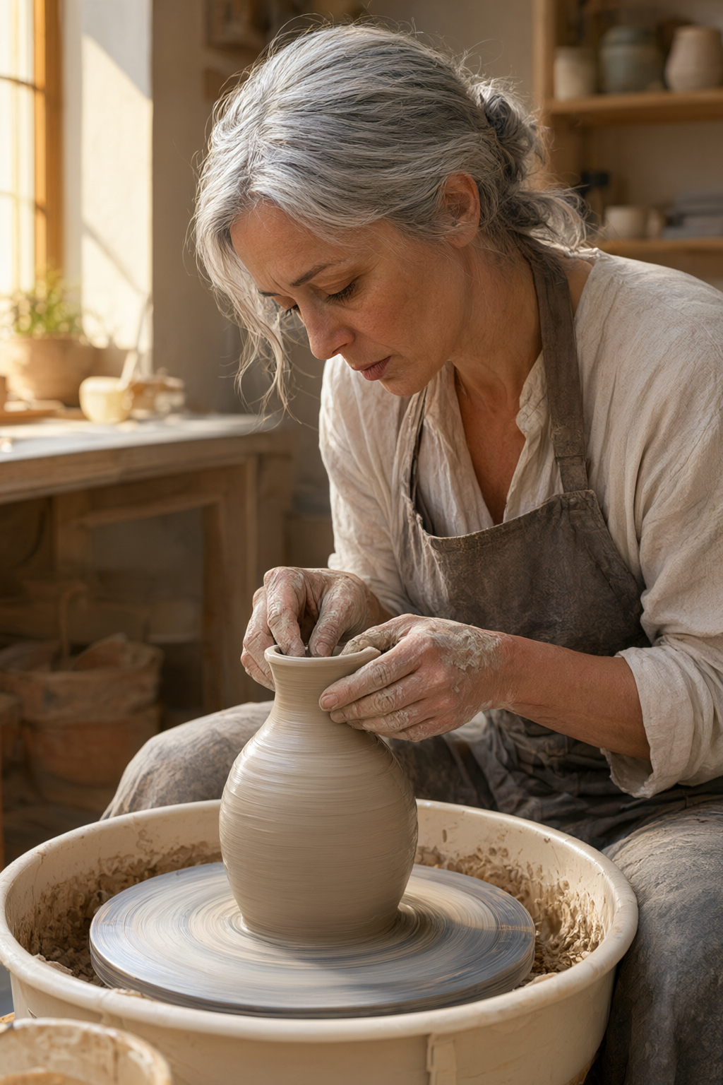Vertical portrait of a silver-haired ceramic artist at her potter's wheel, clay-dusted hands shaping a vase, warm window light, shallow depth of field, photorealistic