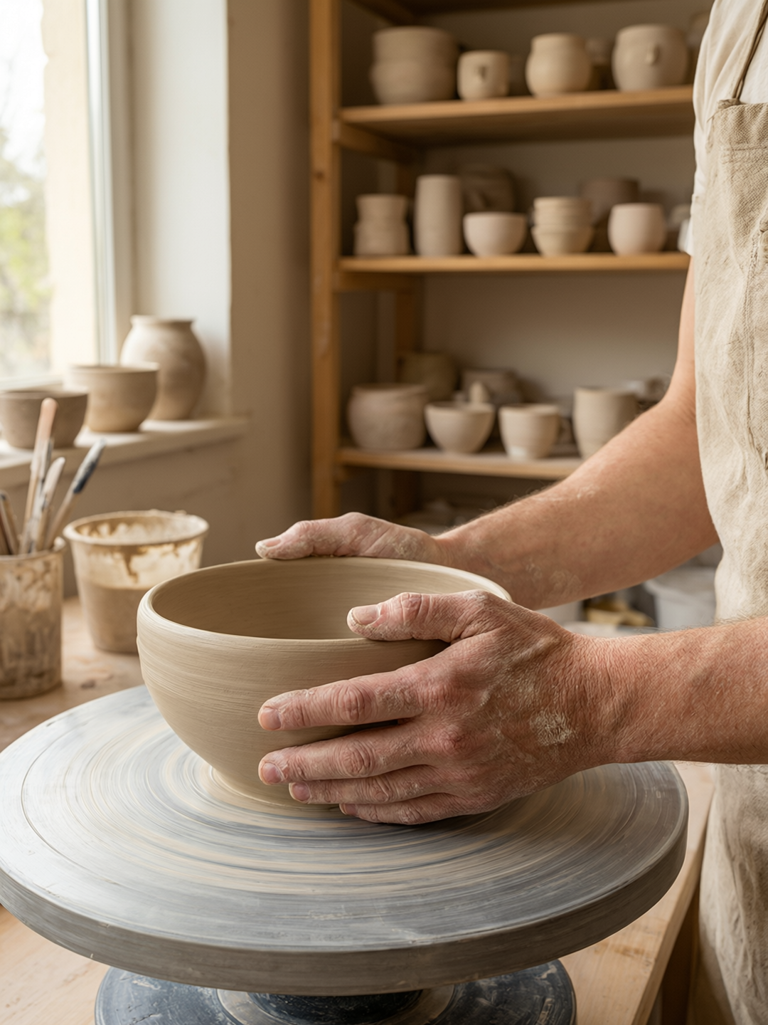 Photoreal portrait of a ceramicist in her studio, dried clay dust on her forearms, hands resting on a half-thrown bowl, soft window light from the left, shelves of unglazed pots blurred behind her, warm neutral palette, fine skin texture, 85mm look