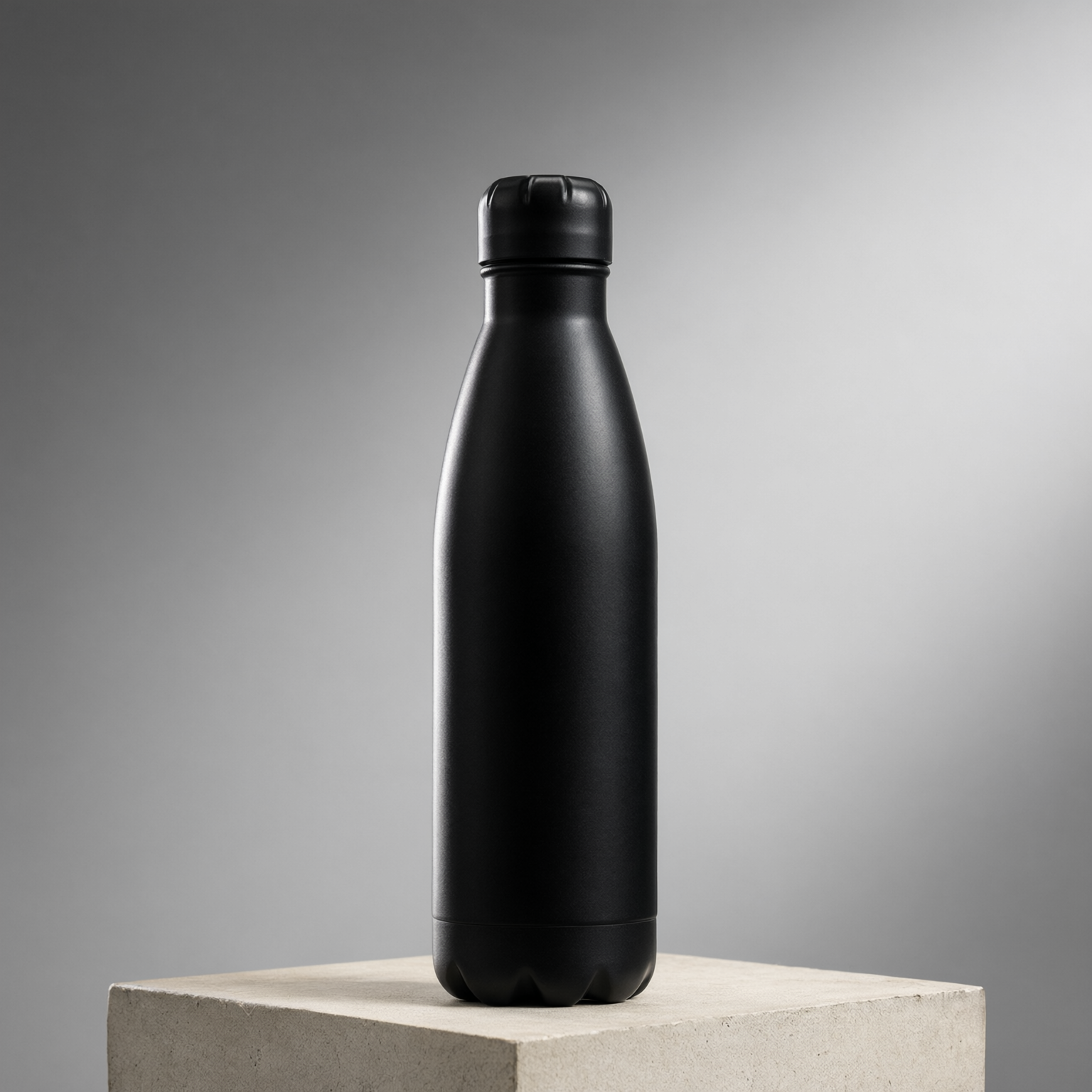 Studio product photograph of a matte black stainless steel water bottle standing on a pale concrete plinth, one soft key light from the upper right, subtle gray gradient background, crisp specular edge along the left side, generous negative space above, advertising quality