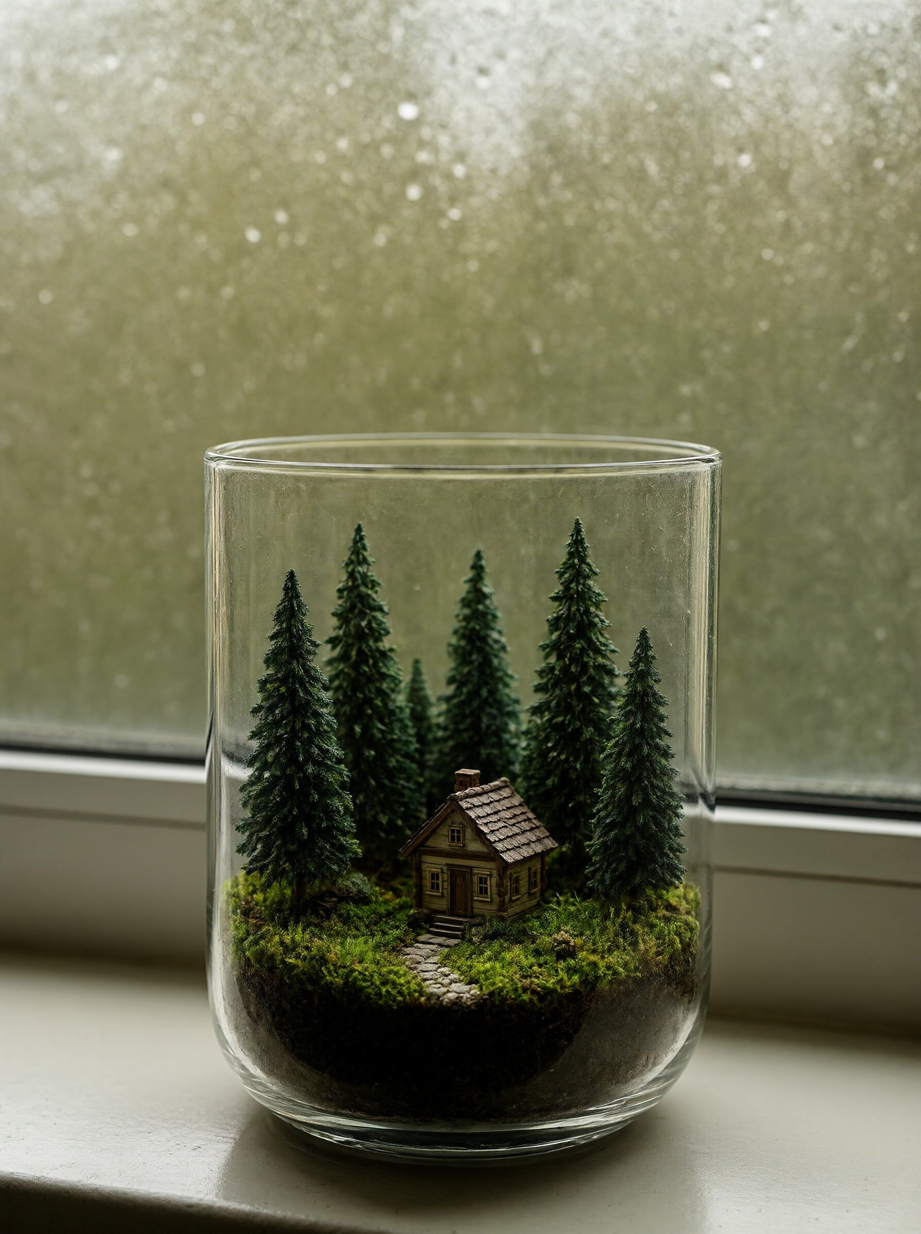 AI-generated image: A glass terrarium on a windowsill holding a miniature forest with a tiny cabin and moss, raindrops on the window behind,...
