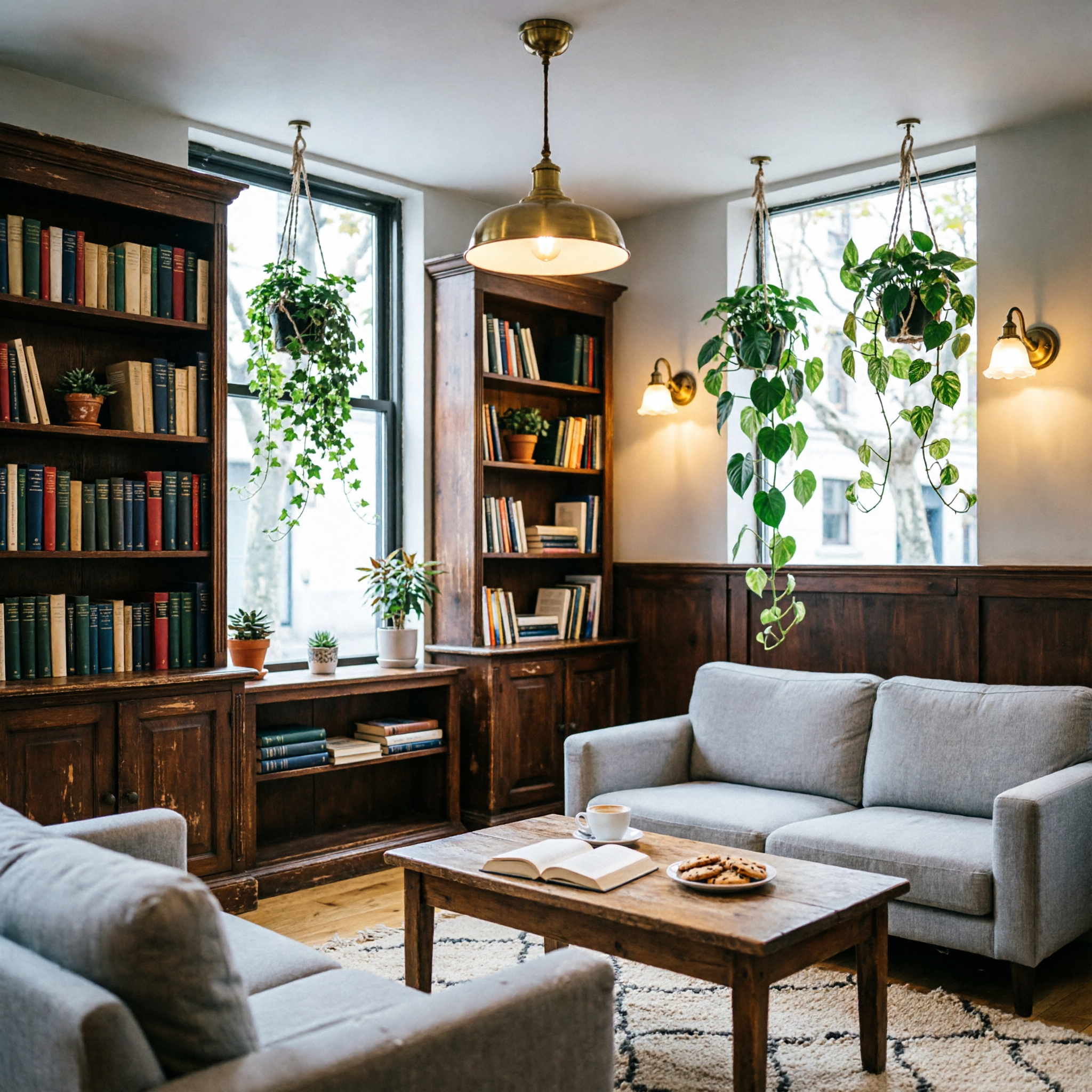 a cozy bookstore cafe interior, warm lighting, hanging plants, wooden shelves