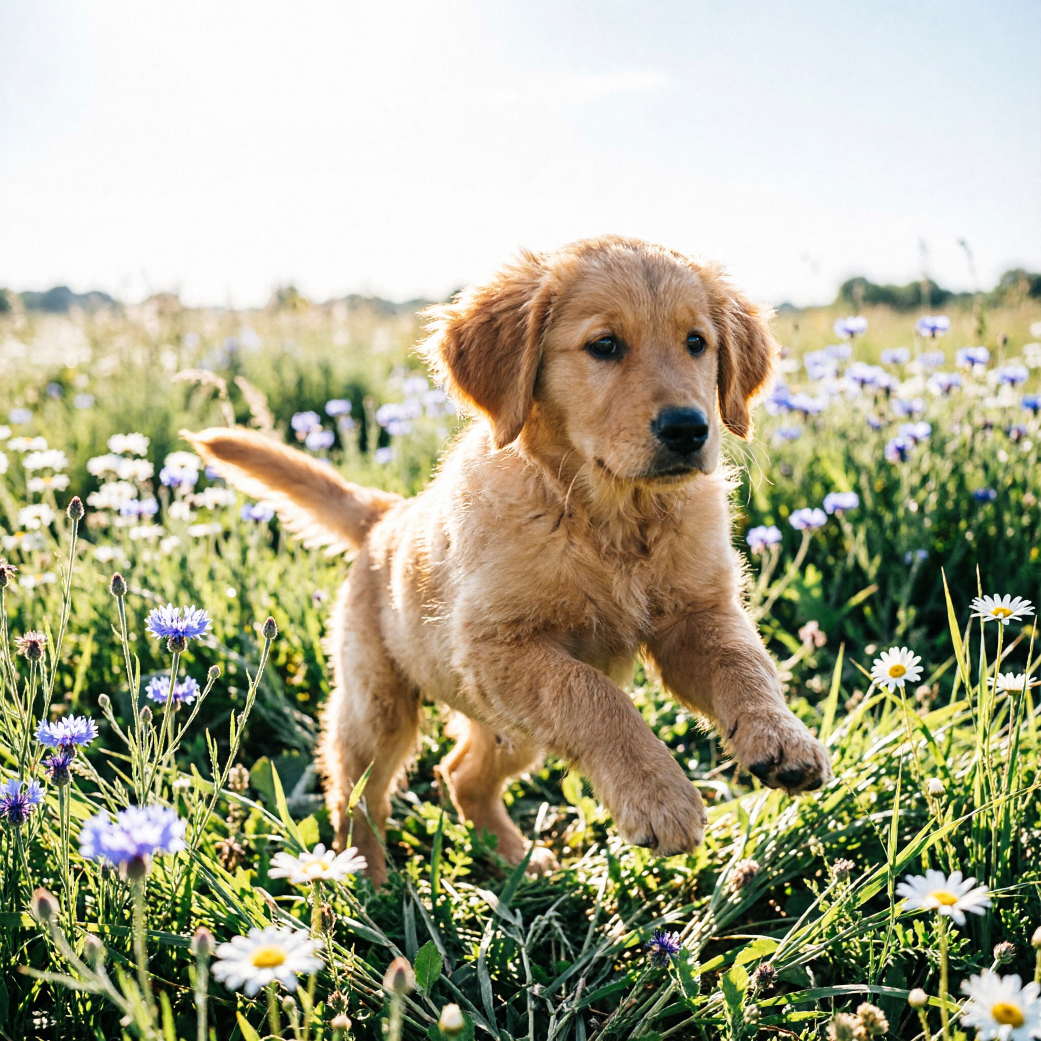 a golden retriever puppy playing in a sunlit summer meadow