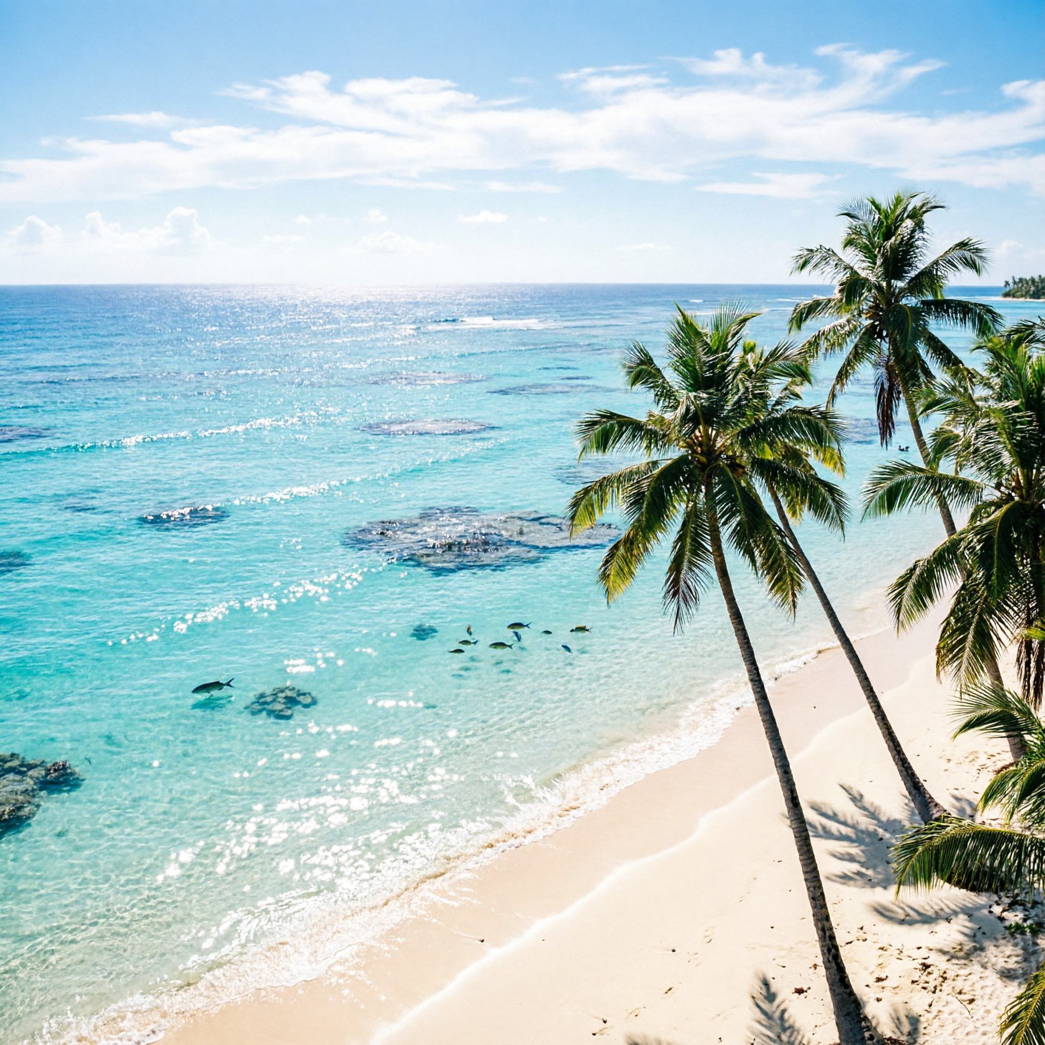 a tropical beach with turquoise water and leaning palm trees, aerial view