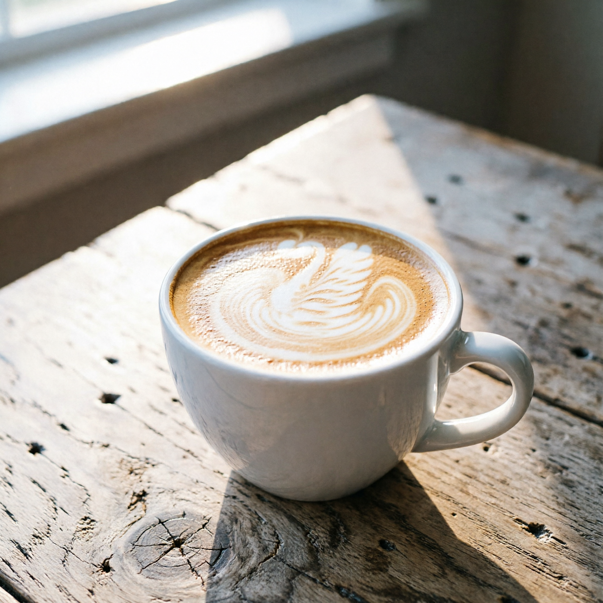 a cup of coffee with delicate latte art on a rustic wooden table, morning light