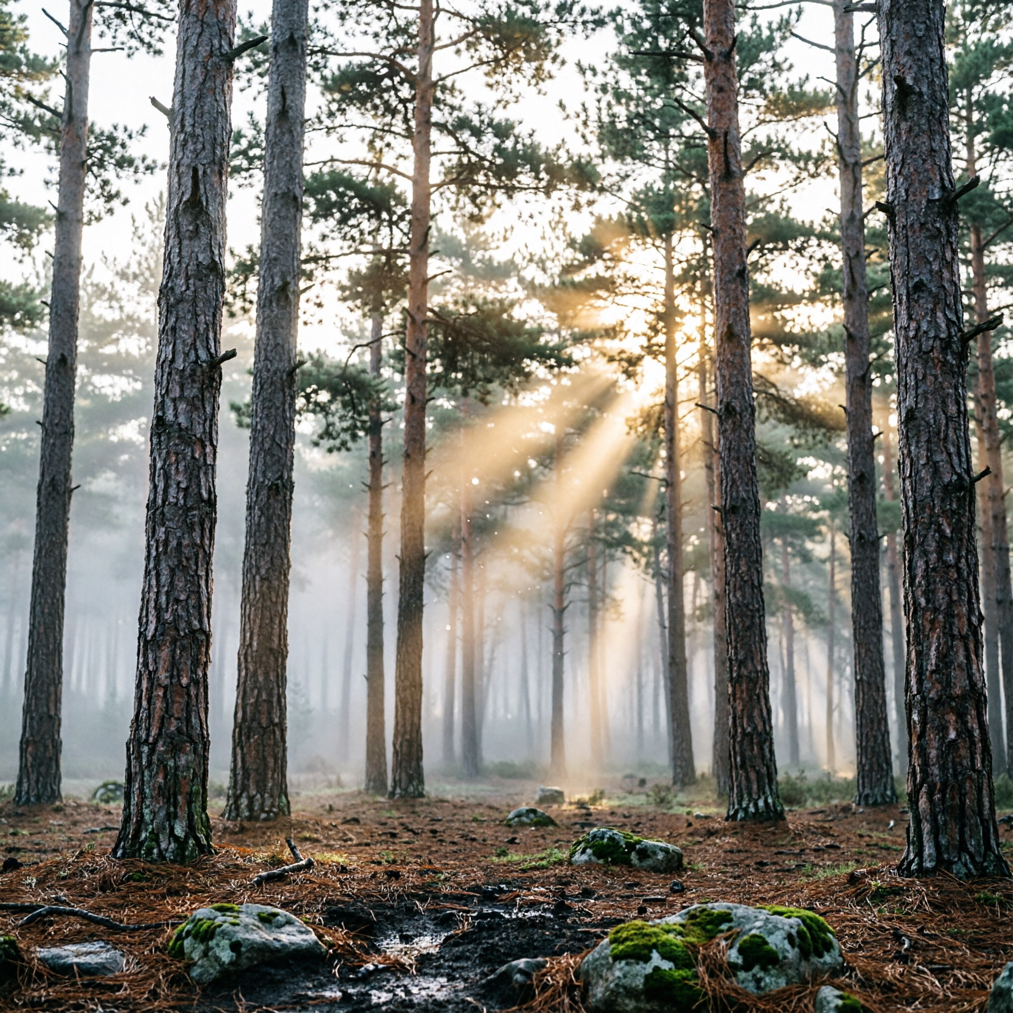 a misty pine forest with golden sun rays breaking through the tall trees