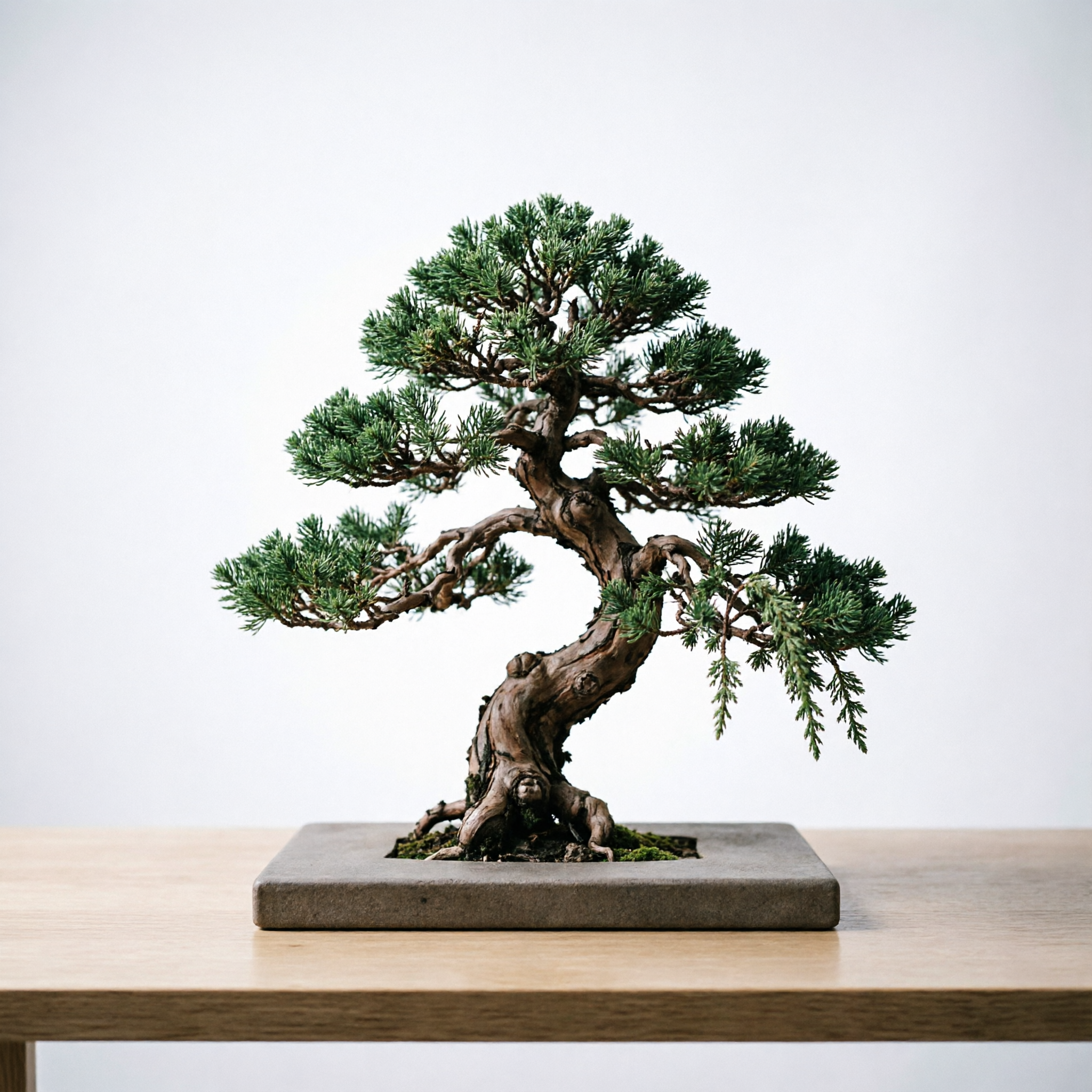 a delicate bonsai tree on a minimalist desk under soft studio lighting