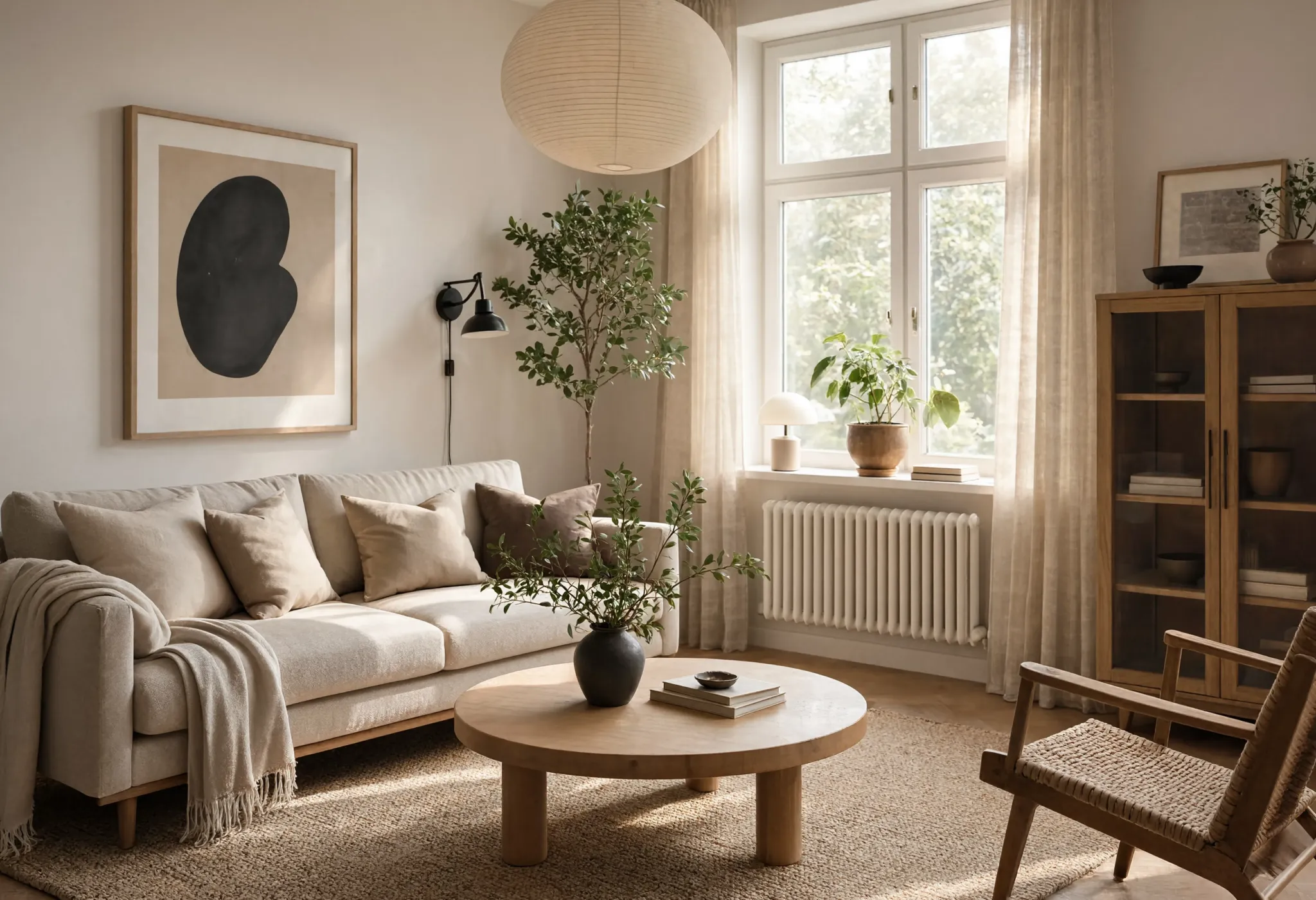 A cozy Scandinavian living room with warm afternoon light through large windows, linen sofa, potted plants, wood floors, editorial interior photography