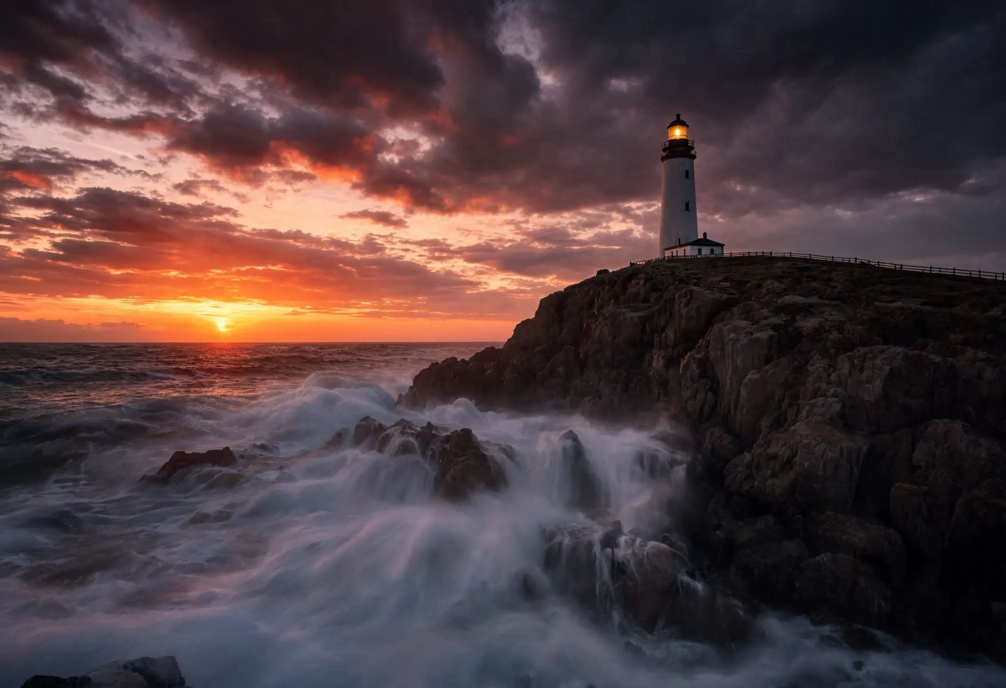 A lone lighthouse on a rocky cliff during a dramatic stormy sunset, crashing waves, moody atmosphere, long exposure look