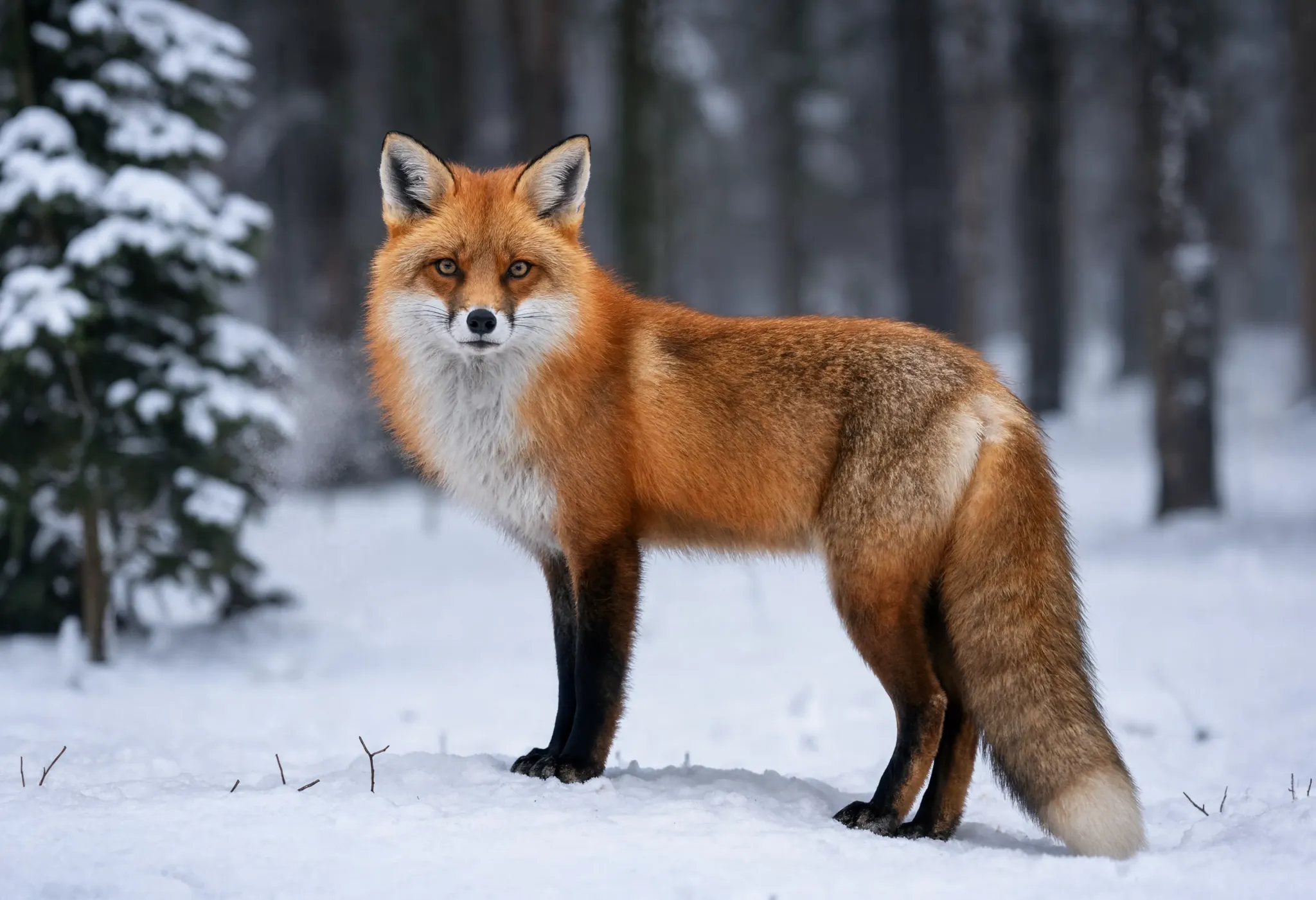 A majestic red fox standing in a snowy forest, breath visible in cold air, soft overcast light, wildlife photography, sharp fur detail