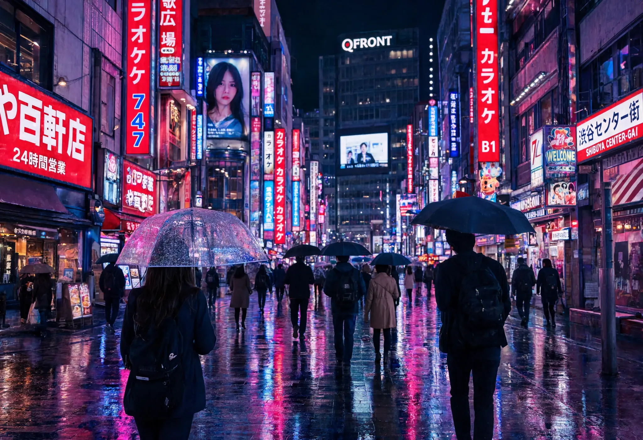 A bustling Tokyo street at night, neon signs reflected on wet pavement, people with umbrellas, cinematic bokeh, cyberpunk color palette
