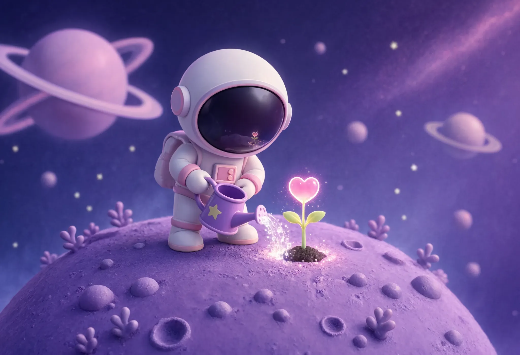 A whimsical 3D render of a tiny astronaut watering a glowing plant on a small purple planet, soft global illumination, pastel colors