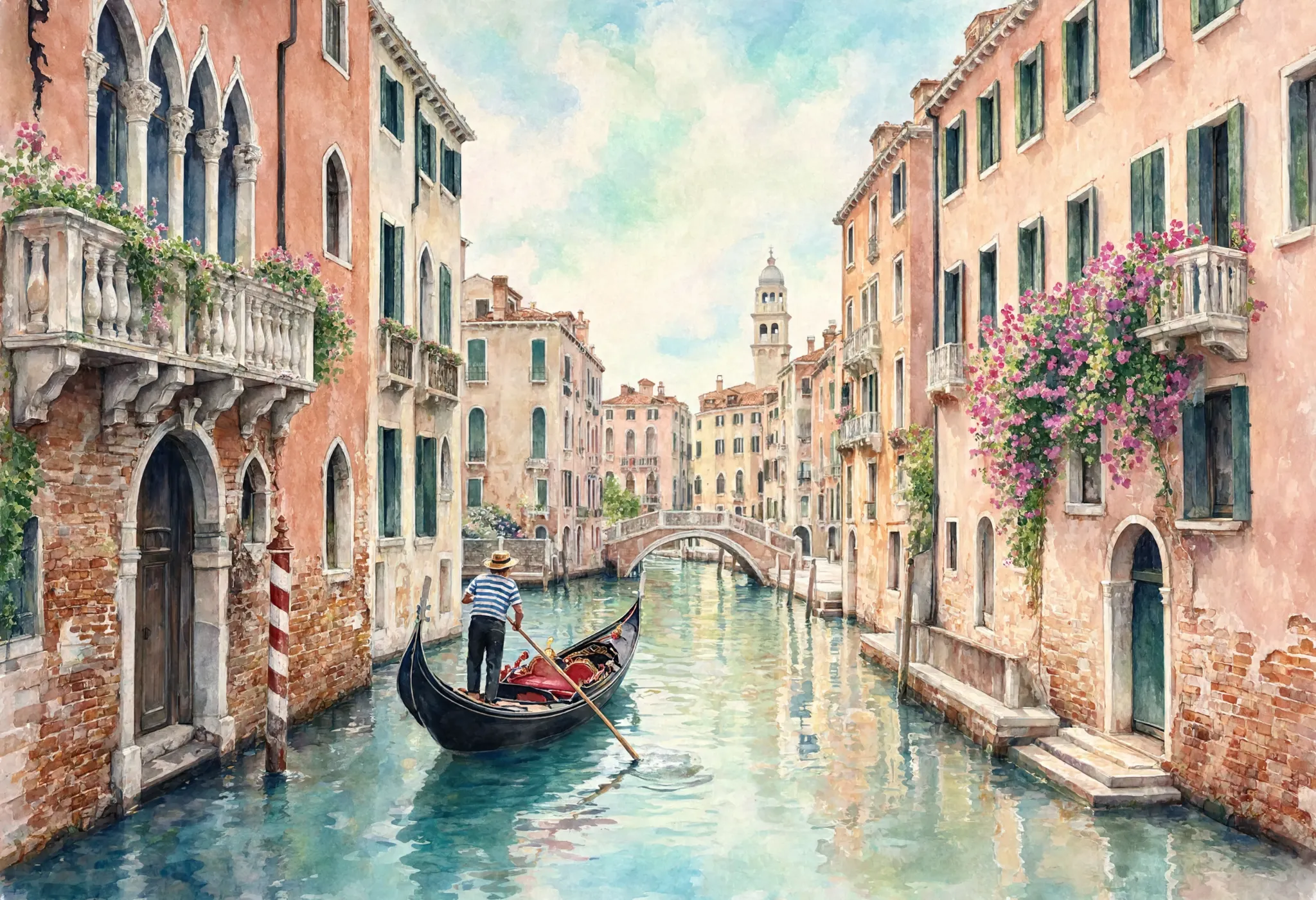A watercolor illustration of a quiet Venetian canal, pastel buildings, a single gondola, soft washes of color, artistic