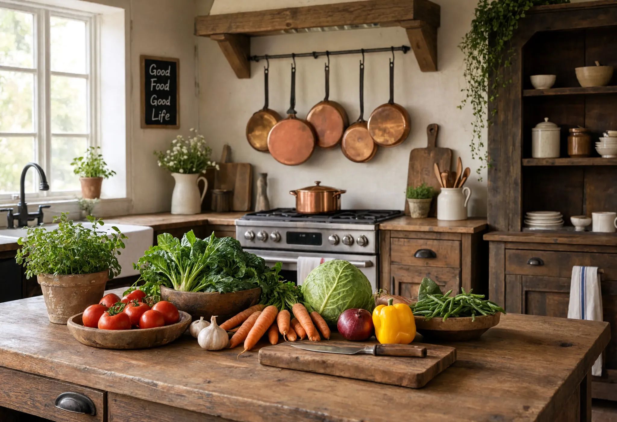 A rustic farmhouse kitchen with fresh vegetables on a wooden counter, hanging copper pots, morning light, homely and inviting