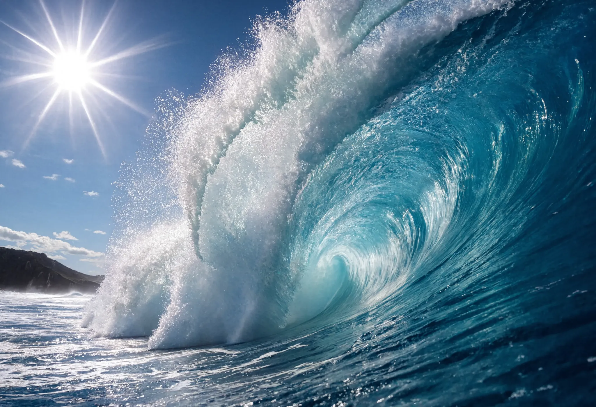 A powerful ocean wave curling in bright turquoise water, spray backlit by the sun, dynamic action, high shutter speed feel