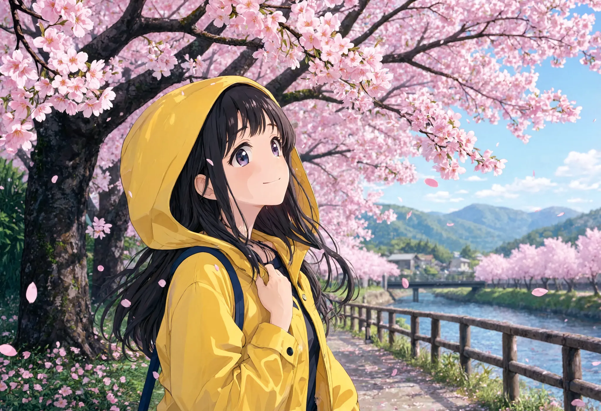 An anime-style illustration of a girl in a yellow raincoat standing under a blooming cherry blossom tree, petals drifting, soft cel shading