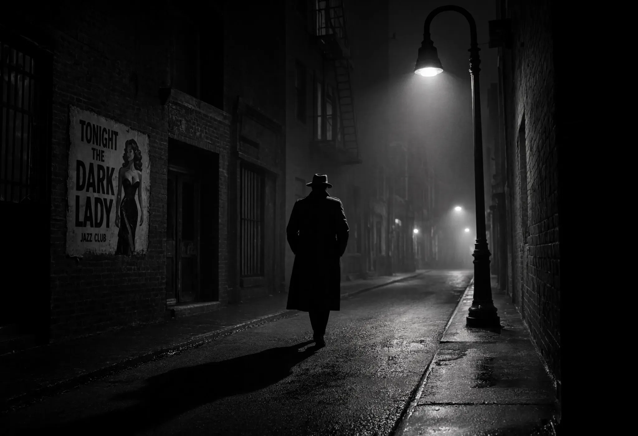 A moody film-noir street scene, a figure in a trench coat under a single street lamp, long shadows, black and white with high contrast