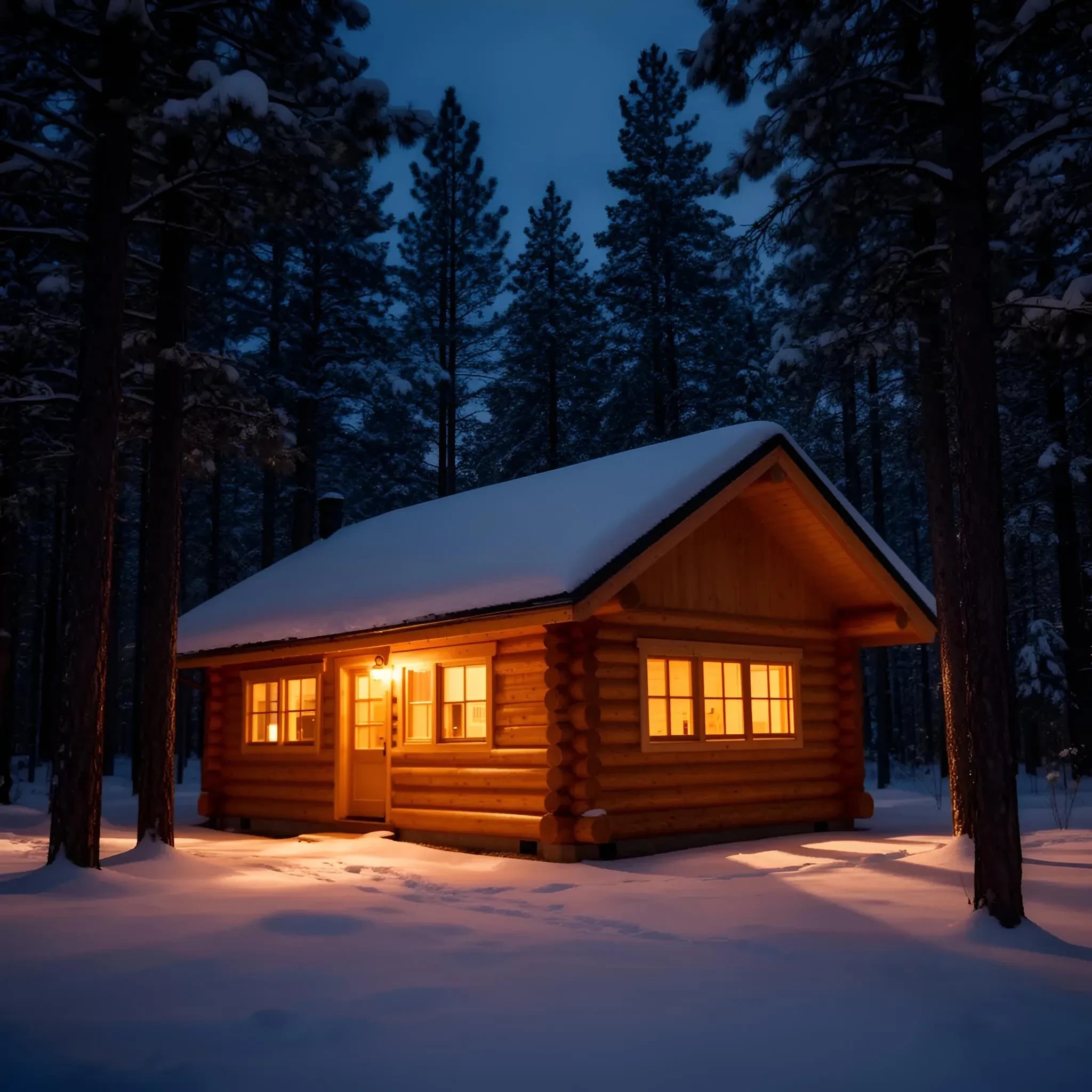 a cozy log cabin in a snowy pine forest, warm light glowing in the windows at night
