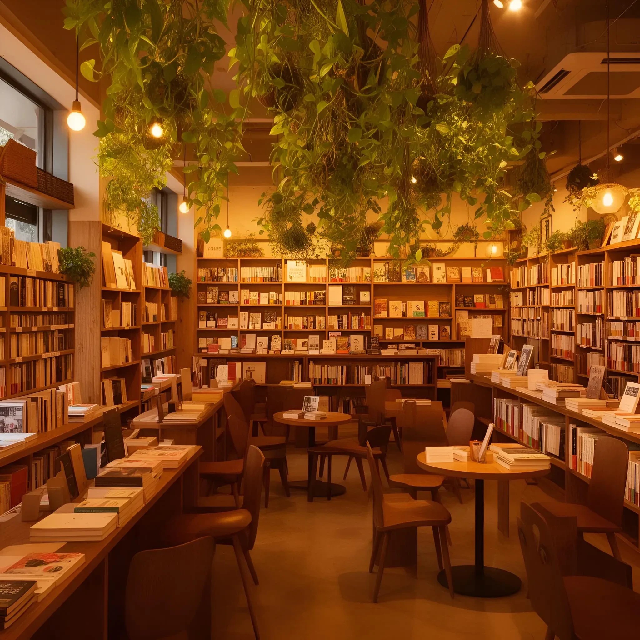 a cozy bookstore cafe interior, warm lighting, hanging plants, wooden shelves