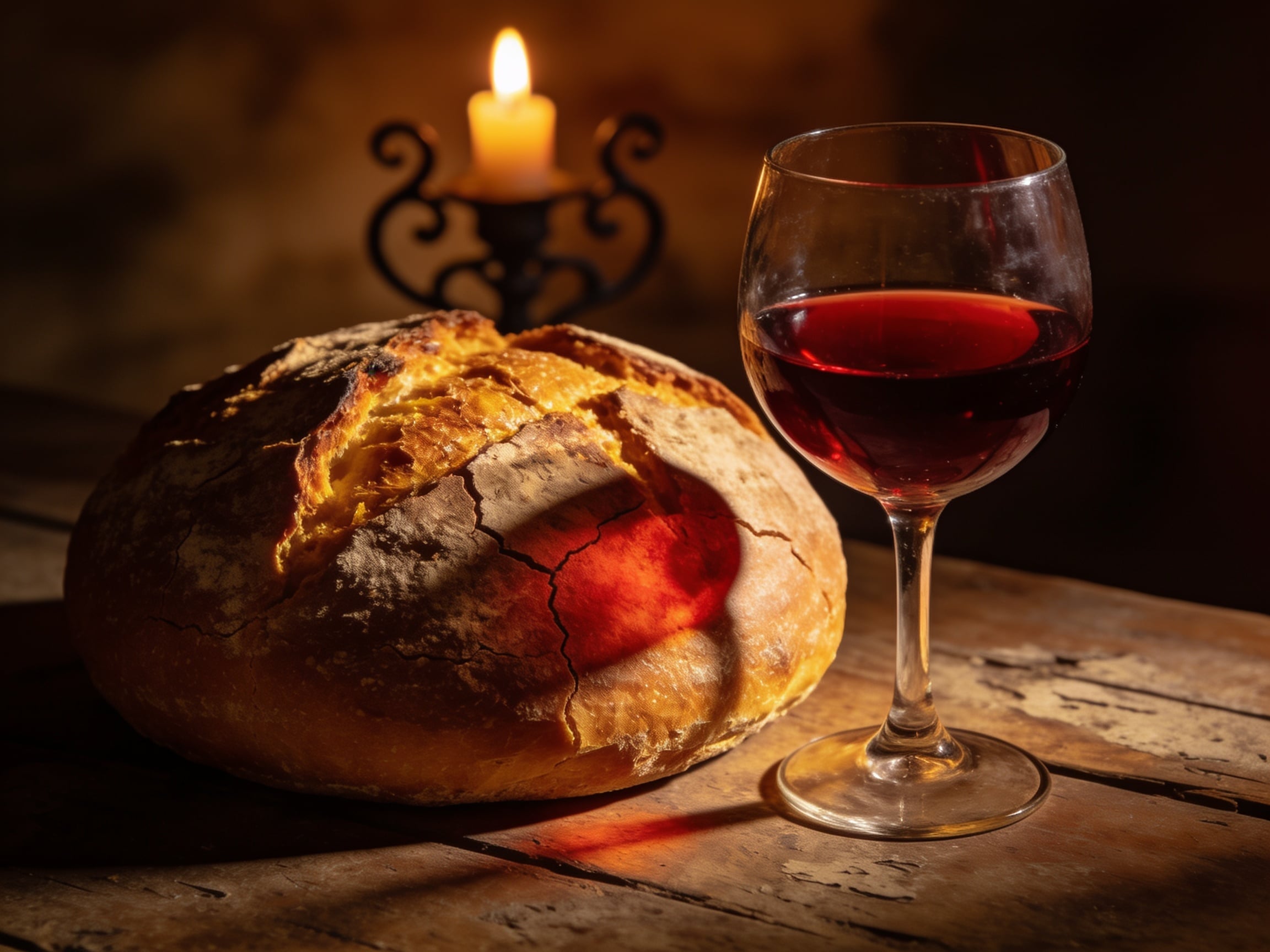 A rustic loaf of crusty bread and a glass of red wine on a wooden table, candlelit, moody food photography