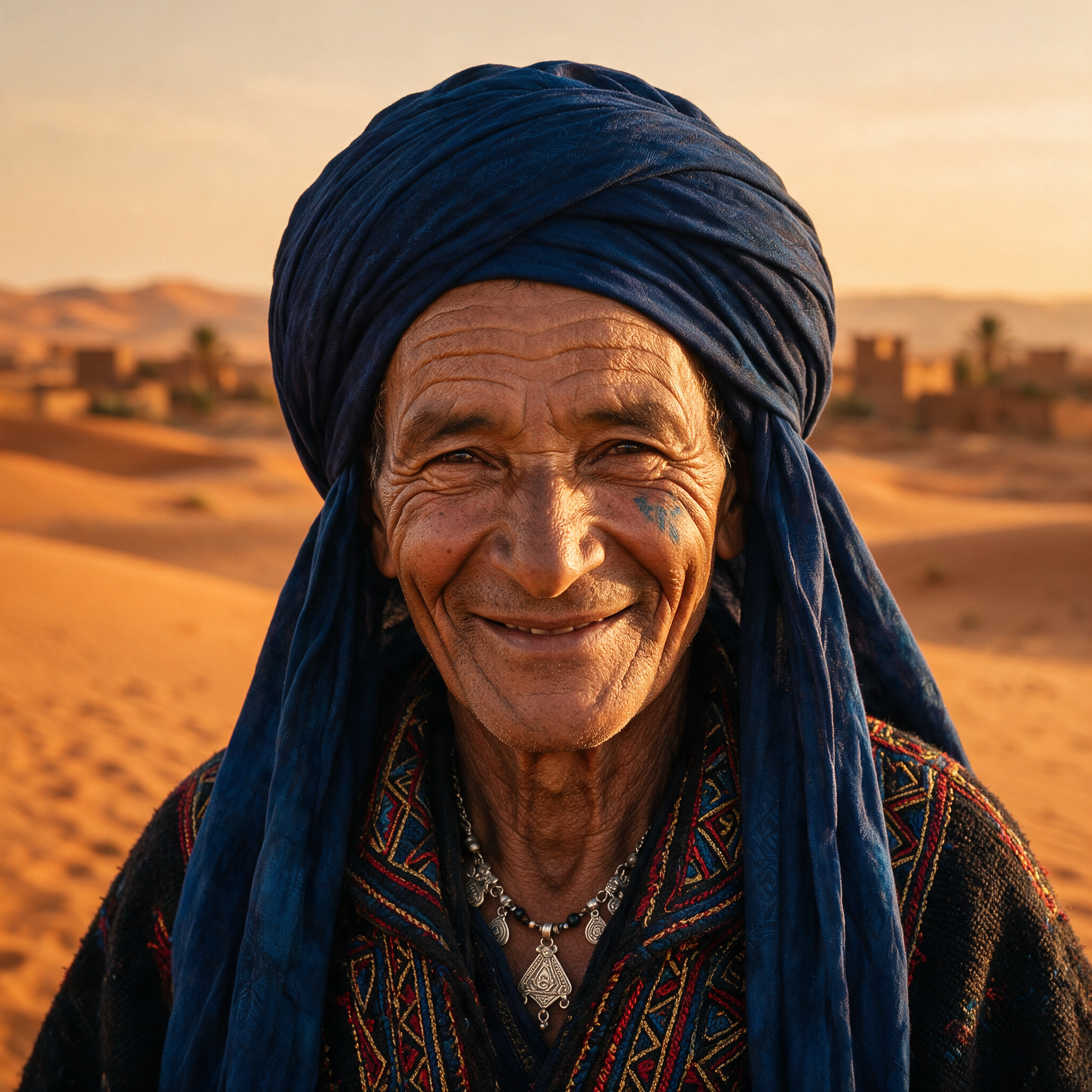 Close-up portrait of a Berber elder in an indigo turban, deep smile lines, golden desert light, shallow depth of field, hyper-detailed skin texture, photoreal