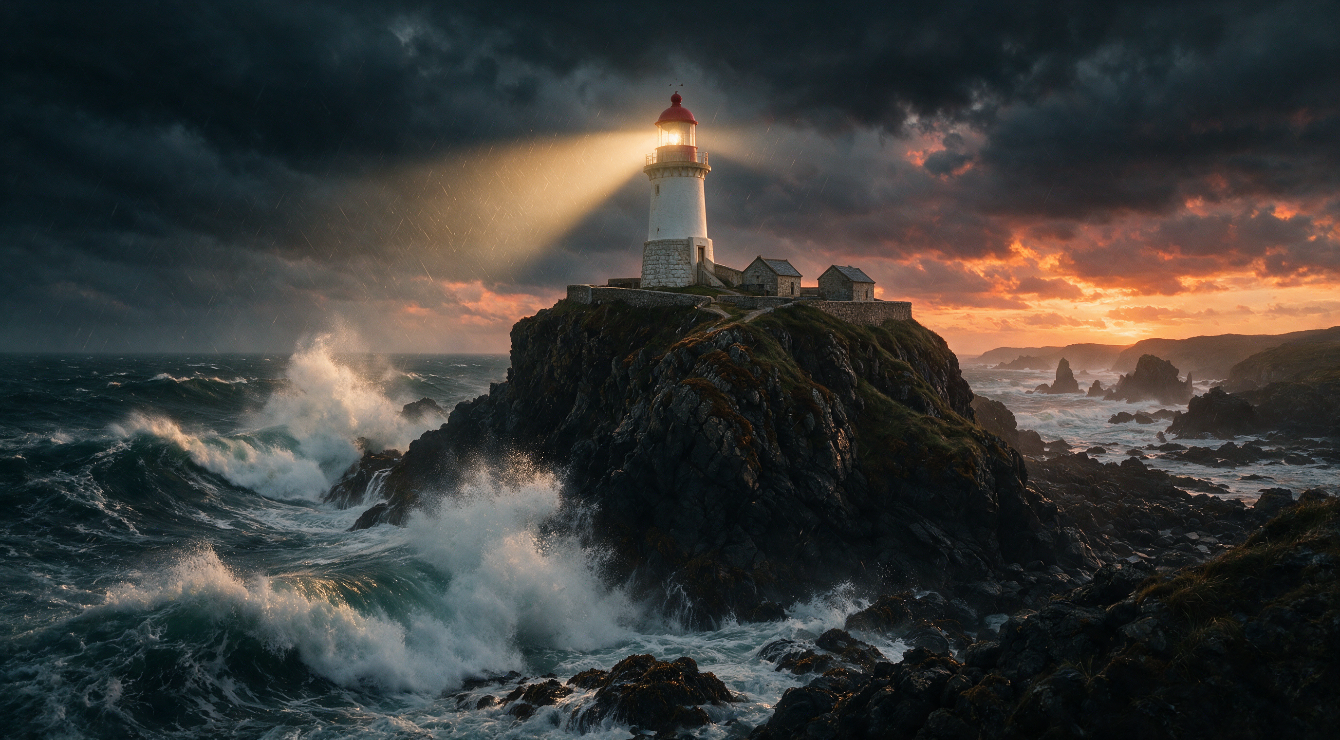 Cinematic wide shot of a lighthouse on a storm-battered cliff at dusk, waves exploding against the rocks, warm beam cutting through rain, dramatic sky, photoreal