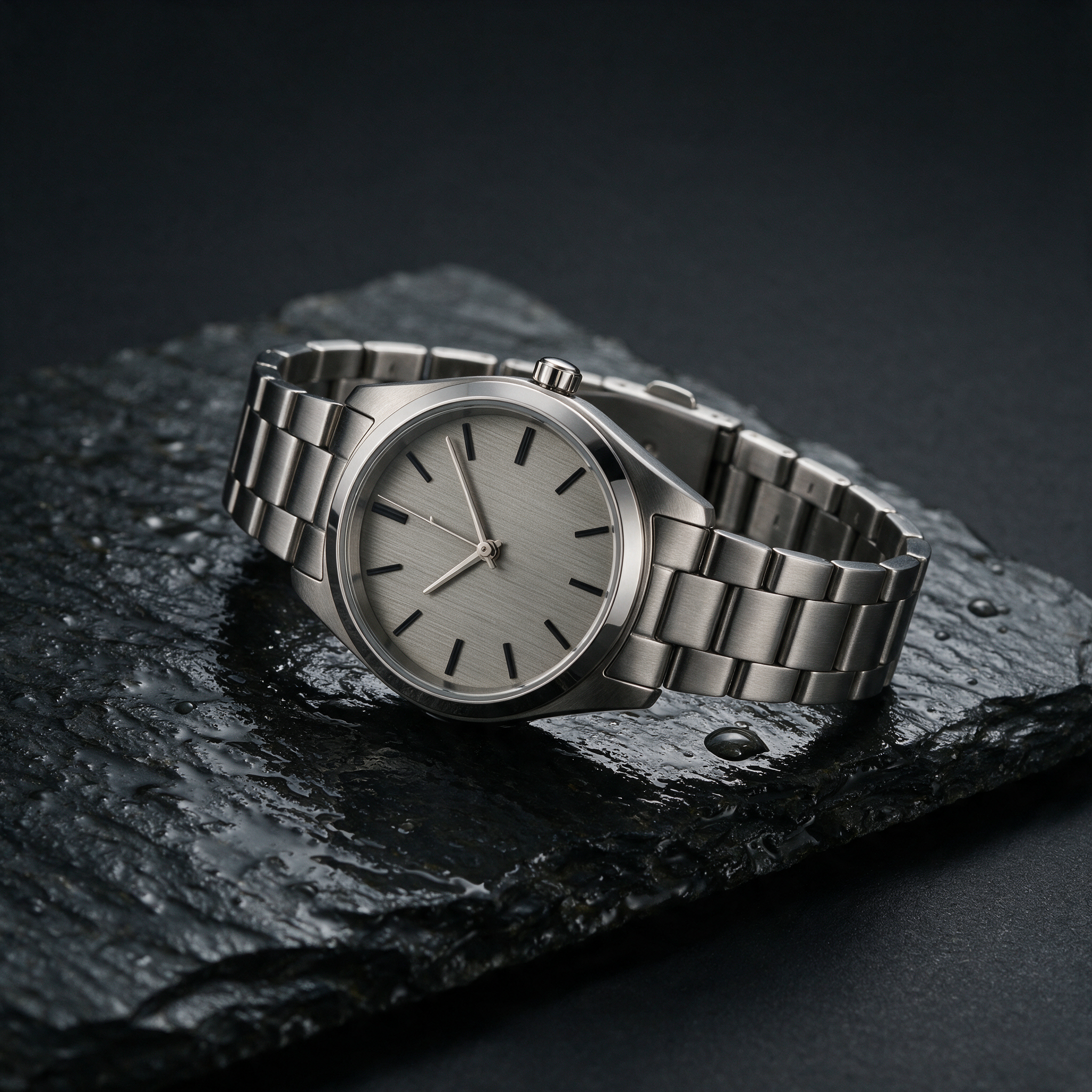 Studio product shot of a minimalist stainless-steel watch on a wet slate tile, single hard rim light, deep charcoal background, advertising quality, no text