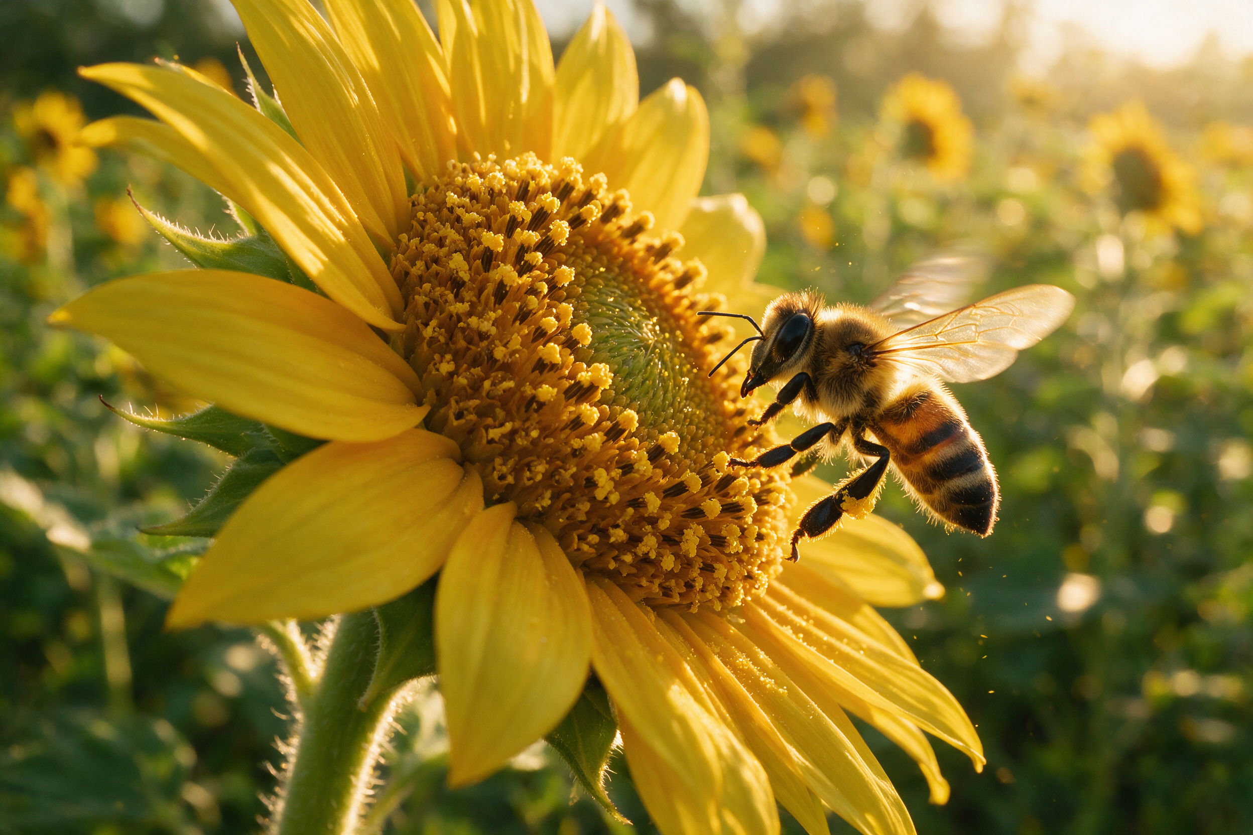 Macro photograph of a honeybee landing on a sunflower, pollen grains in sharp focus, wings mid-blur, morning backlight, photoreal