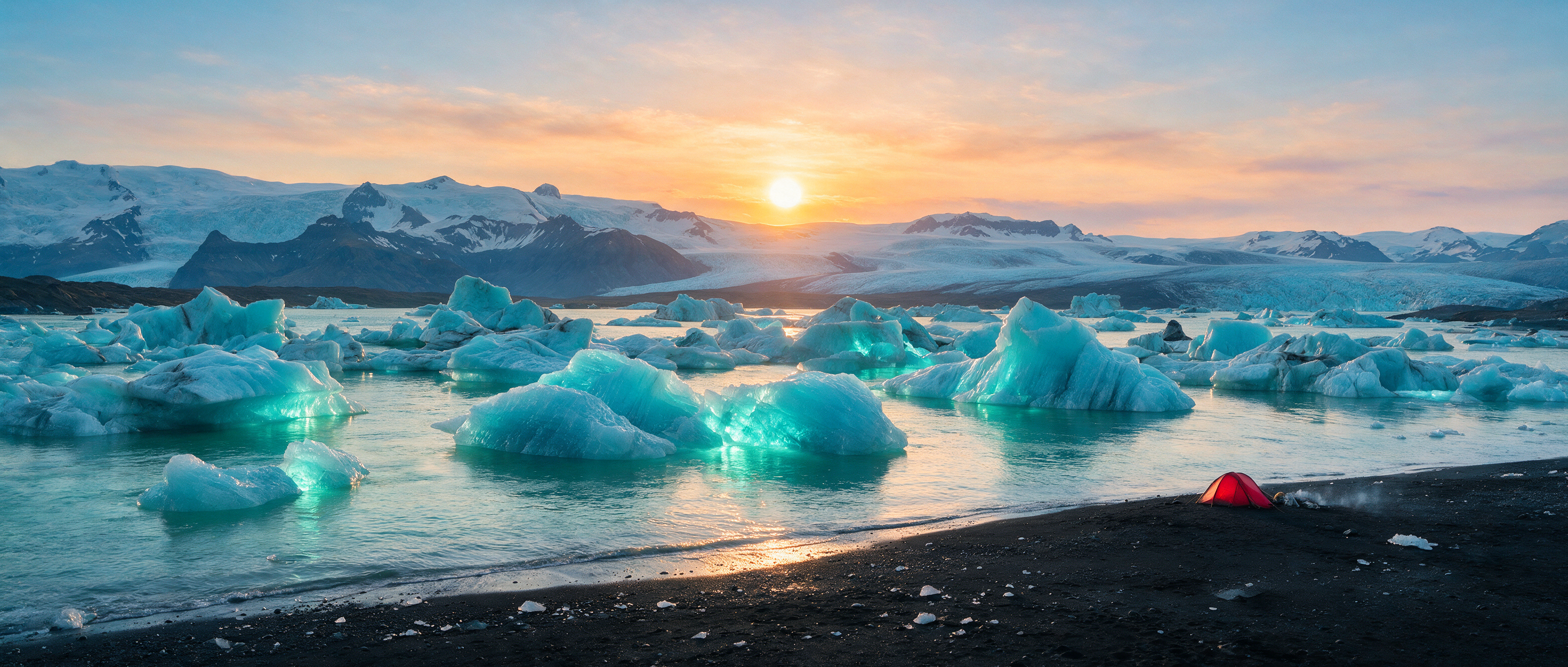 Ultra-wide landscape of a glacial lagoon at midnight sun, icebergs glowing turquoise, a tiny red tent on the black-sand shore, atmospheric, hyper-detailed