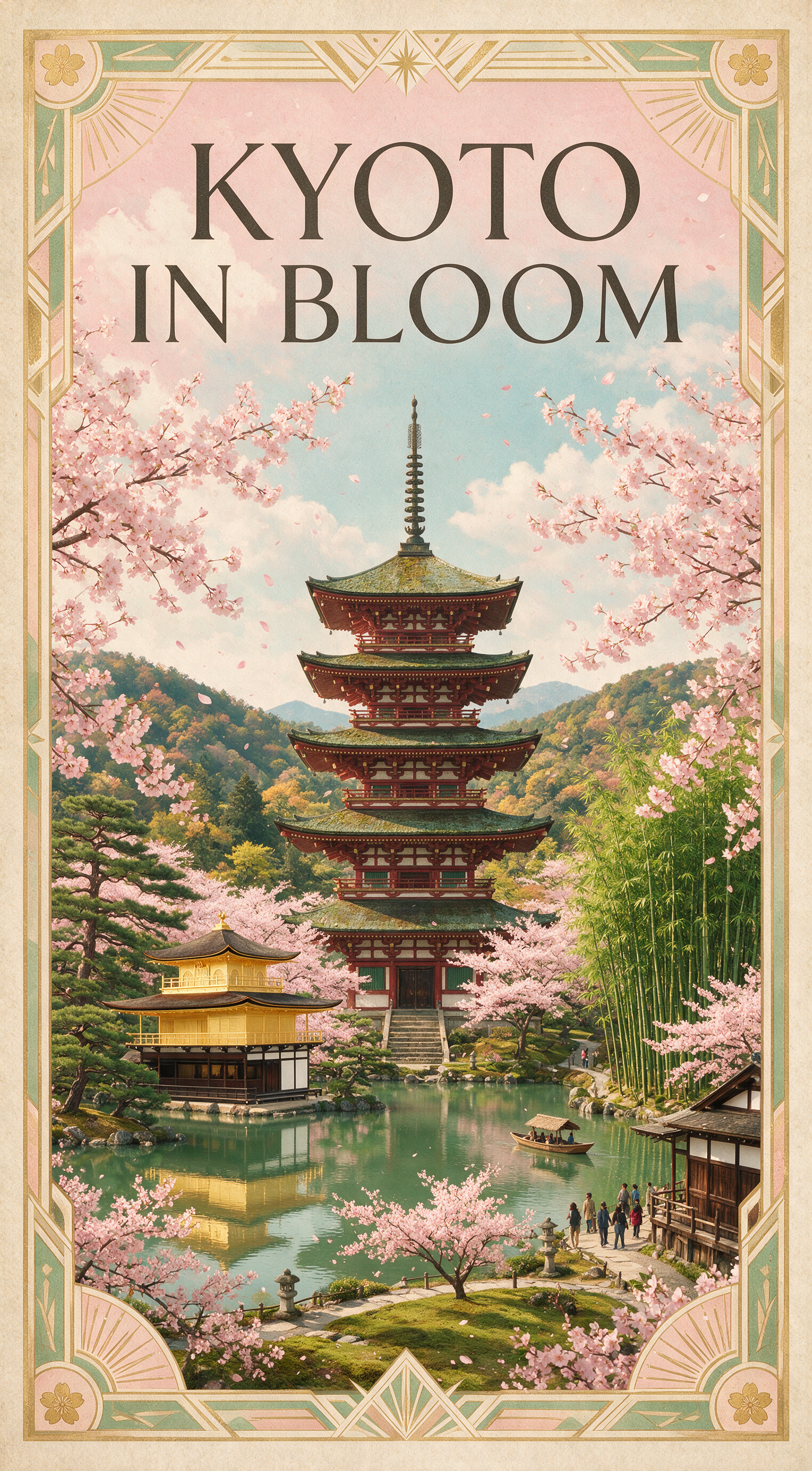 Vintage travel poster reading "KYOTO IN BLOOM" in elegant serif letters, cherry blossoms framing a pagoda, spring palette of blush pink and jade, art-deco border, the text must be exact