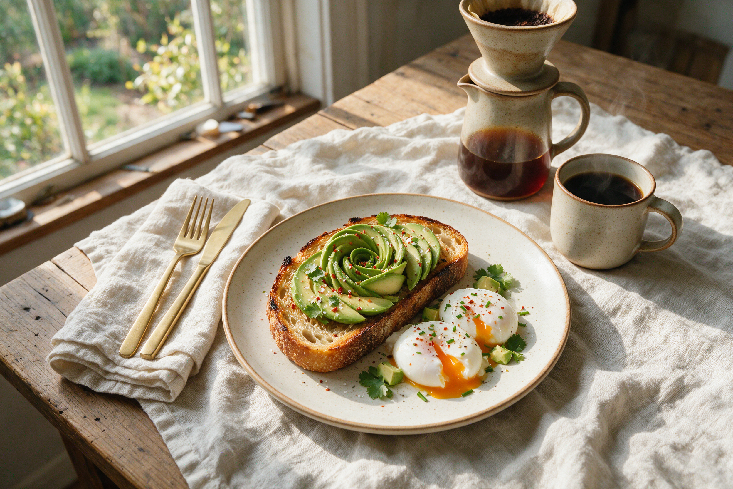A photorealistic breakfast flat-lay: sourdough toast with avocado roses, two poached eggs, a ceramic pour-over coffee, linen napkin, morning window light from the left