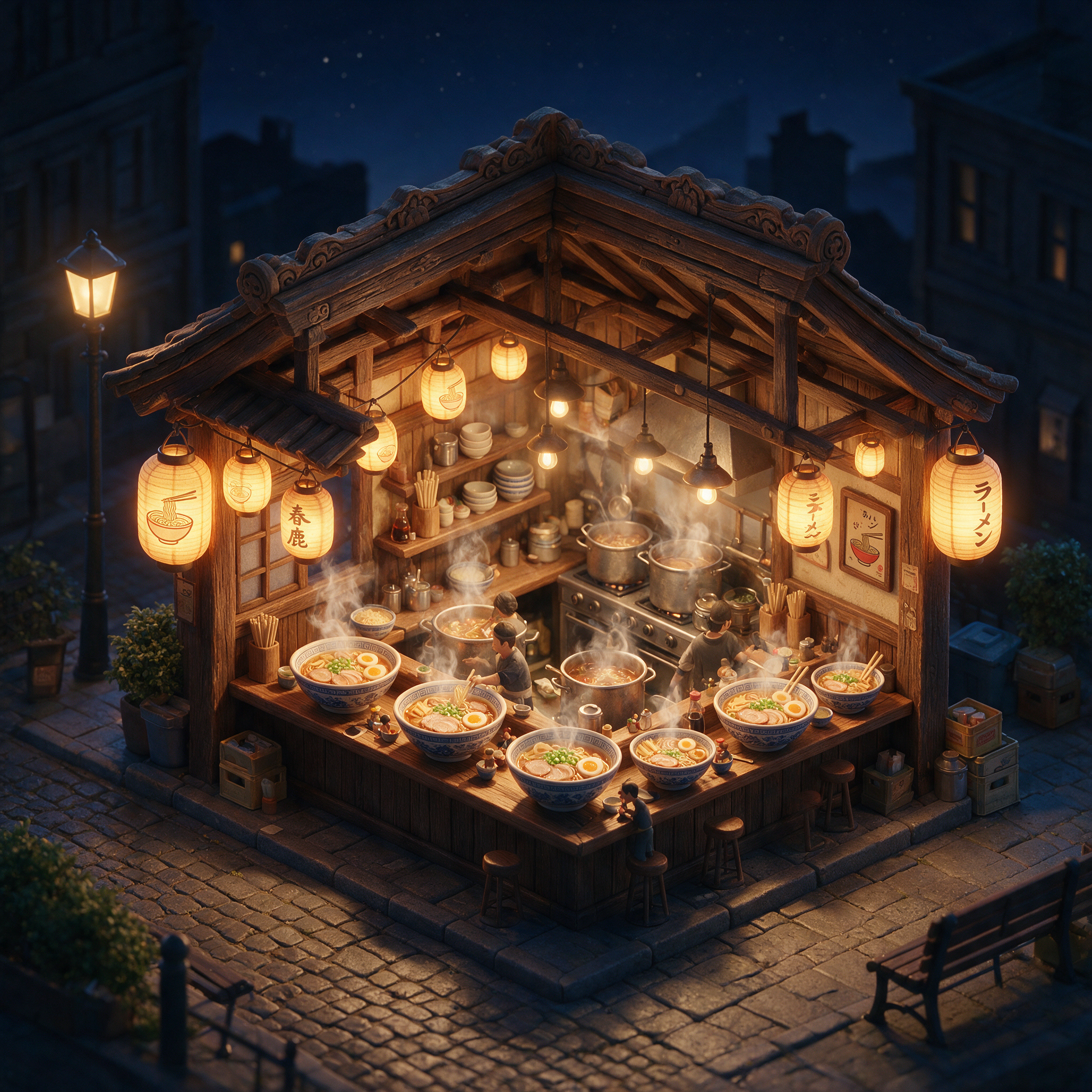Isometric 3D render of a cozy ramen shop at night, glowing lanterns, steam rising from bowls, tiny customers at the counter, soft global illumination, detailed miniature style