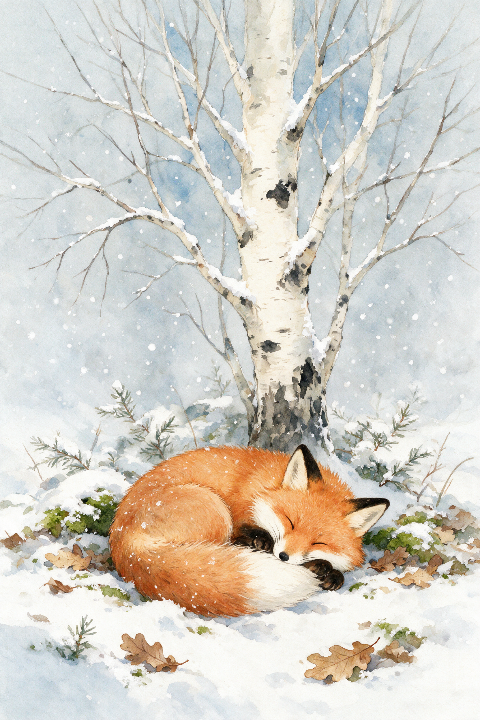 Watercolor illustration of a fox curled asleep under a birch tree in first snow, loose brushwork, muted winter palette, storybook style