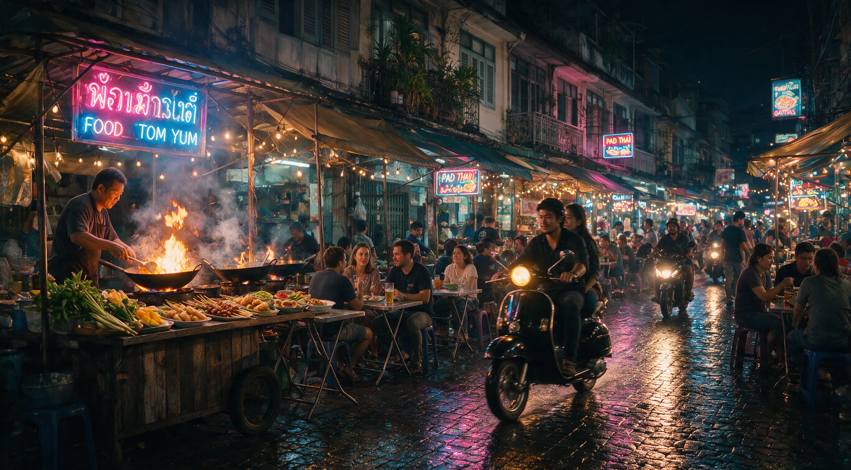 A neon-lit street food market in Bangkok at night, woks flaring, rain-slicked pavement reflecting signs, motion blur on a passing scooter, cinematic