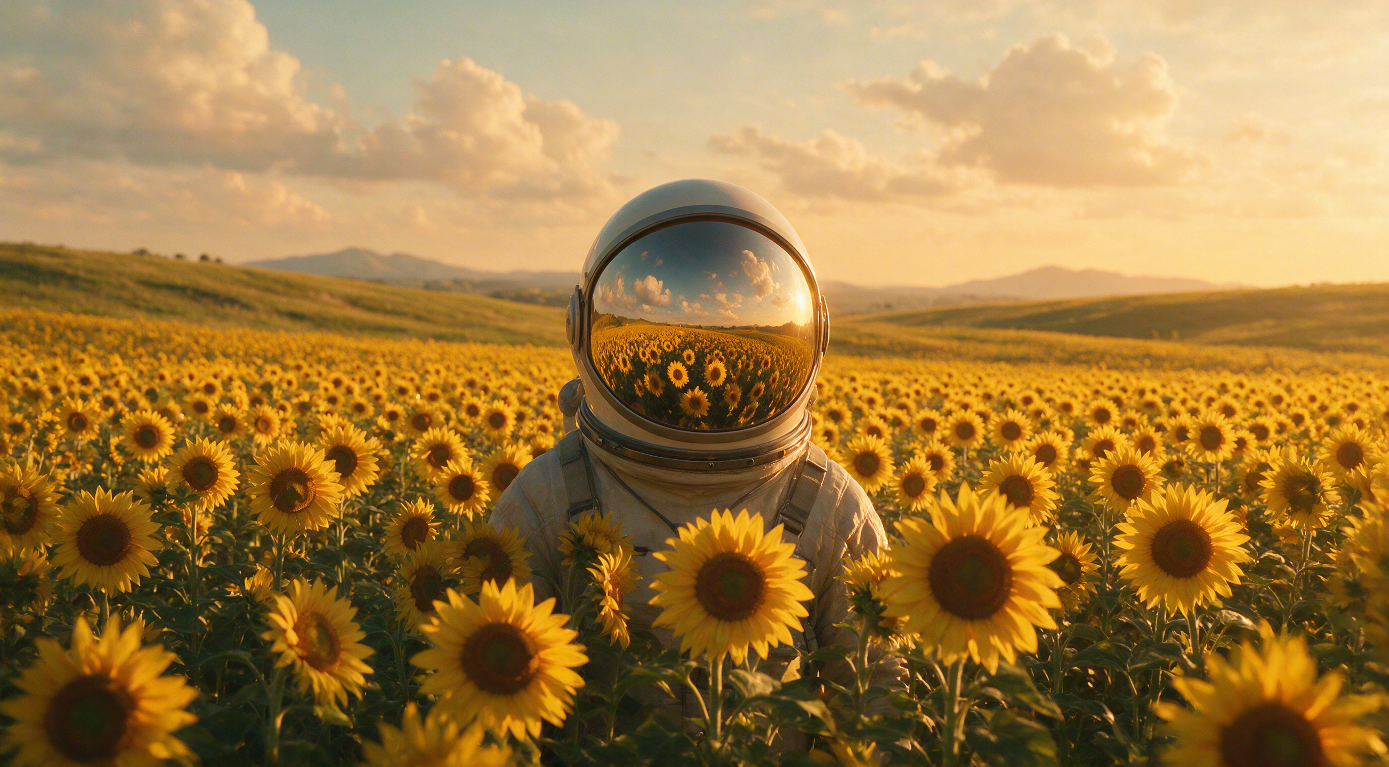 Cinematic still of an astronaut standing in a sunflower field, helmet reflecting the golden flowers, soft clouds, surreal but photoreal, warm light