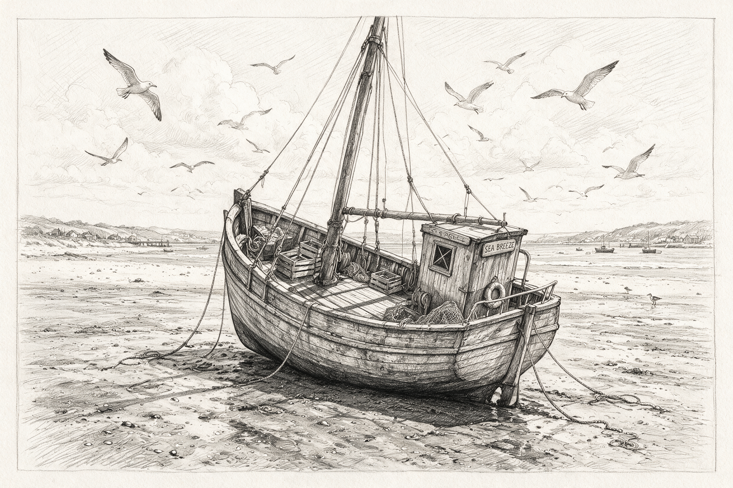 Detailed pencil sketch of an old fishing boat leaning on a tidal flat at low tide, crosshatched shading, gulls overhead, sketchbook style