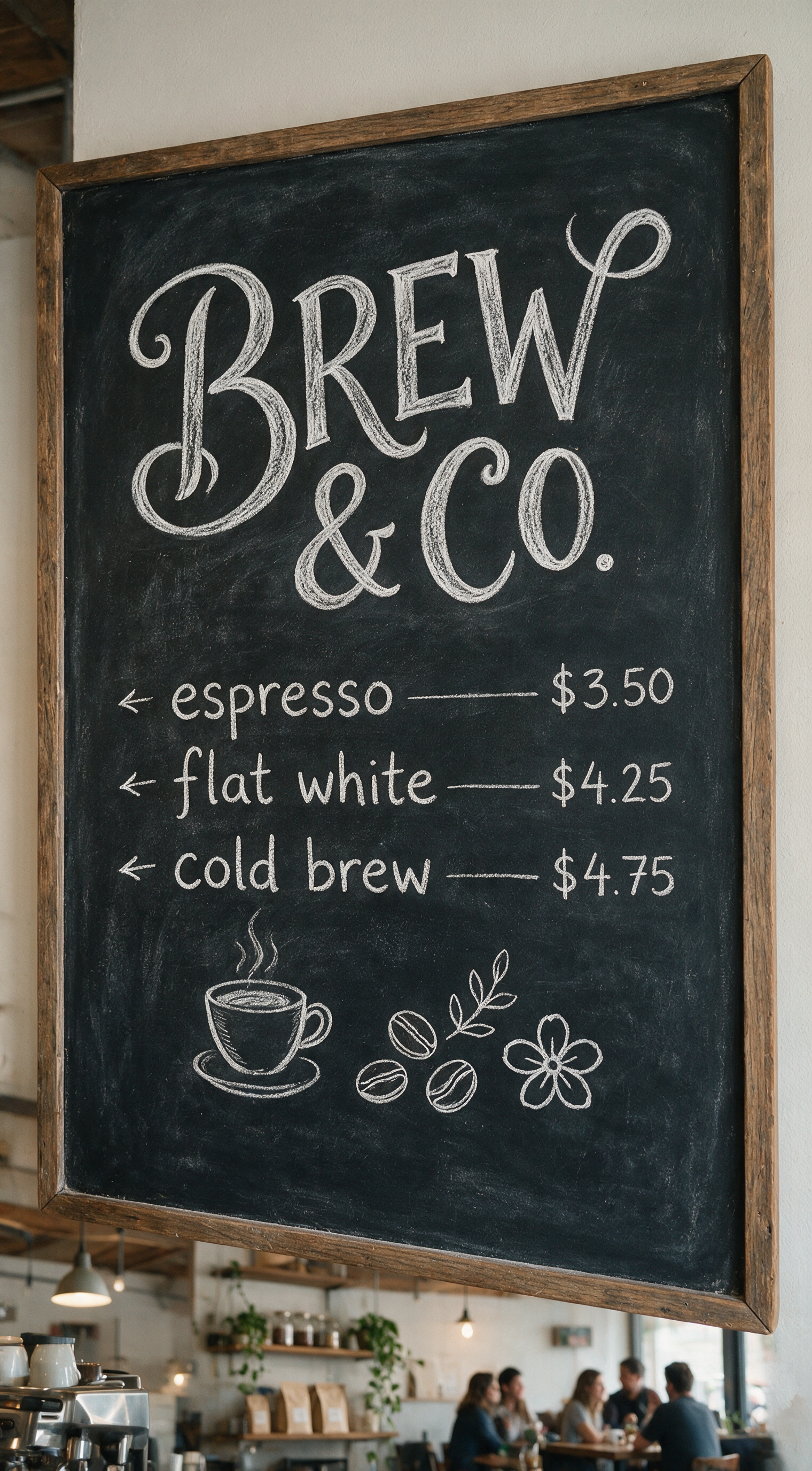 Chalkboard menu design for a coffee shop with the headline "BREW & CO." in ornate hand lettering, smaller items "espresso", "flat white", "cold brew" with prices, chalk texture, the text must be exact