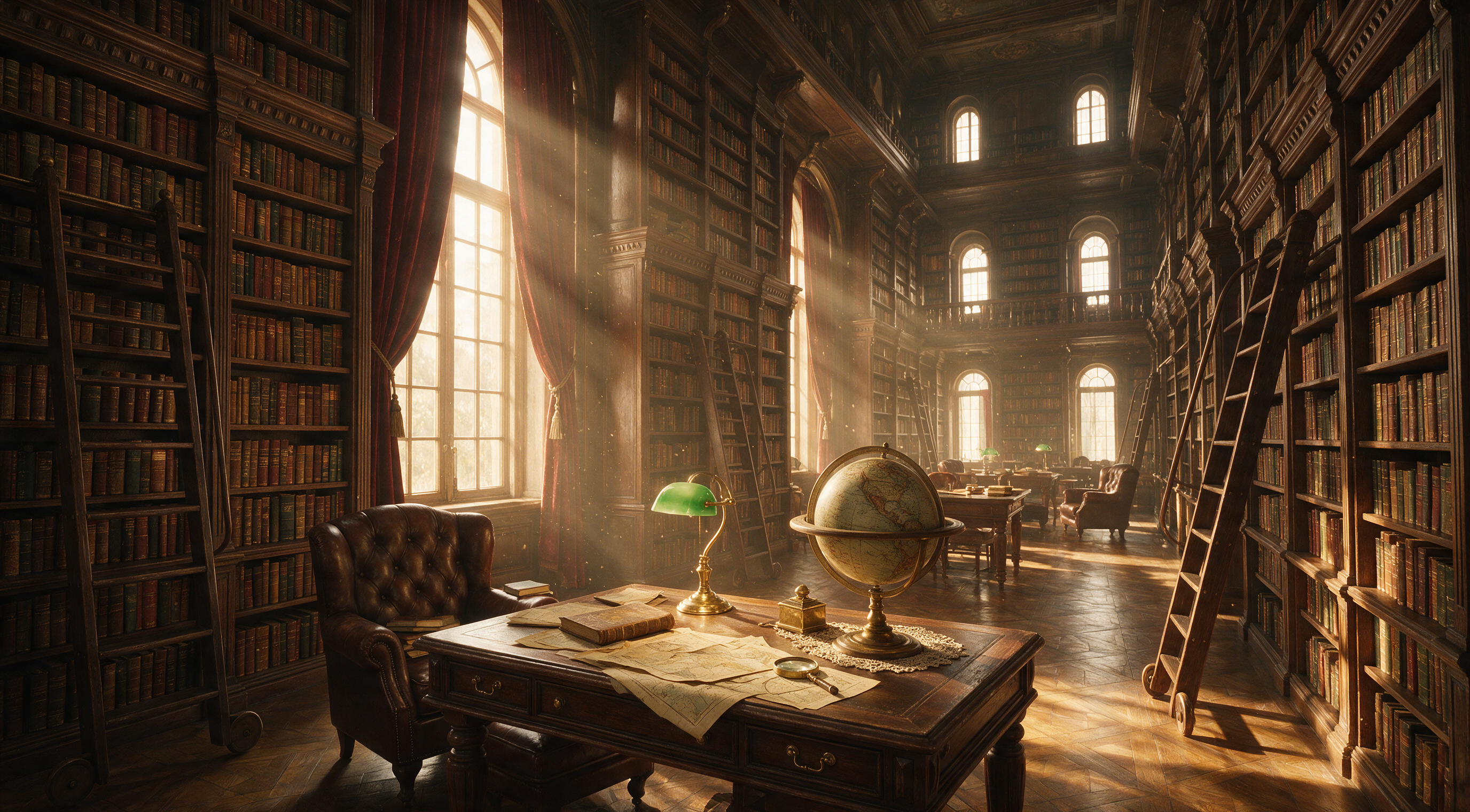 A grand library with towering bookshelves and rolling ladders, dust motes in slanted afternoon light, a globe on a reading table, painterly realism