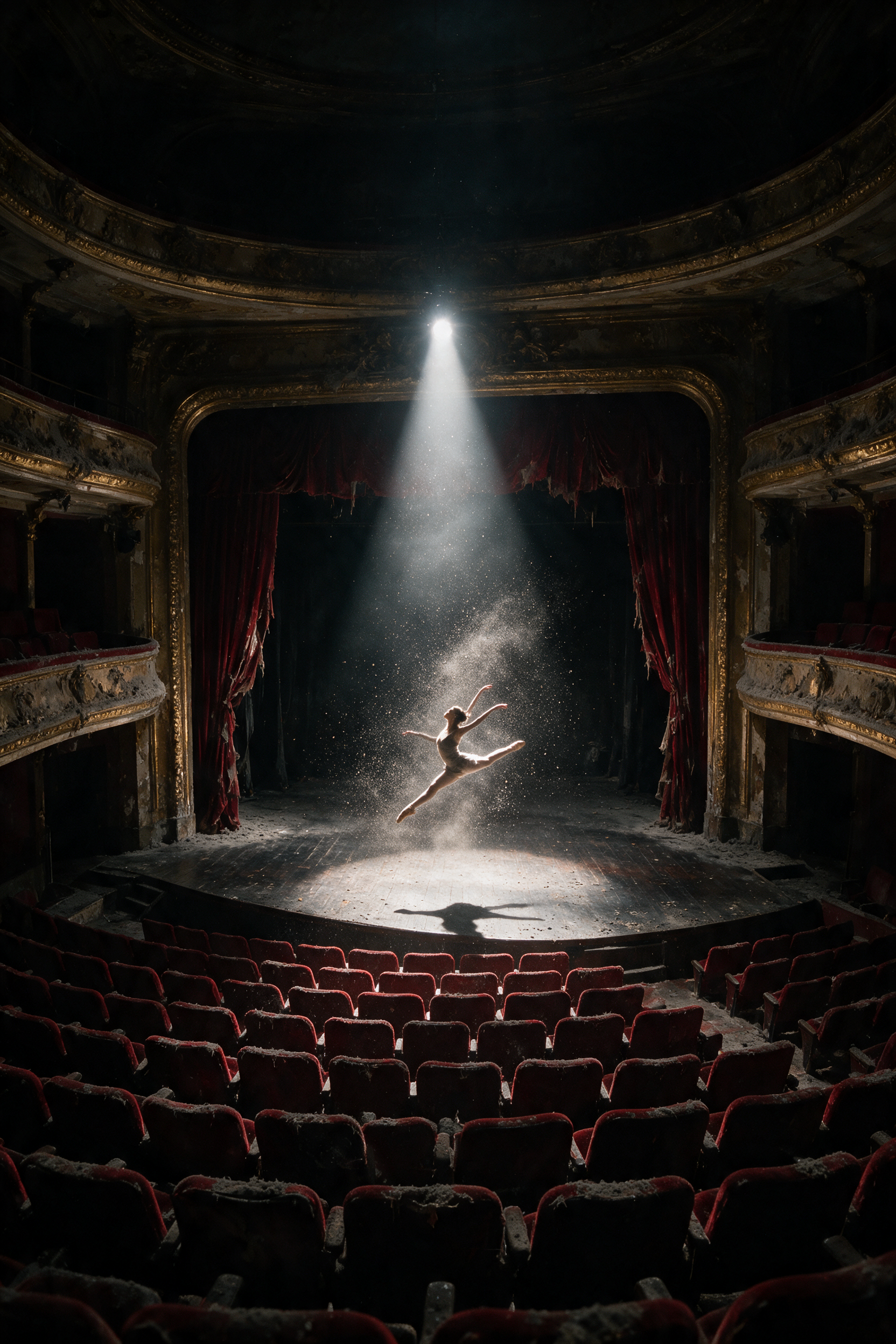 Portrait of a ballet dancer mid-leap in an abandoned theater, dust illuminated by a single spotlight, frozen motion, dramatic chiaroscuro lighting