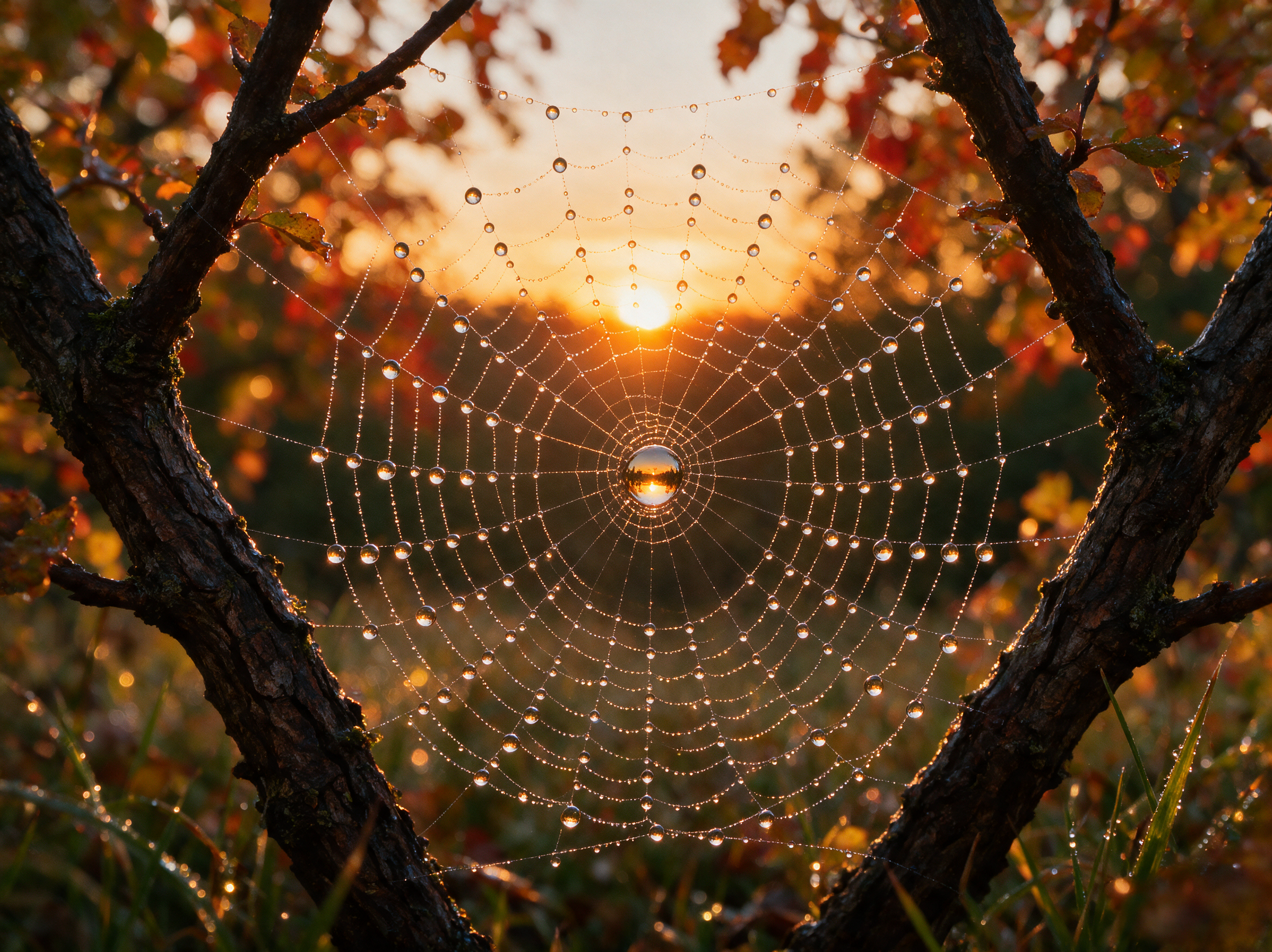 Macro shot of raindrops on a spider web at dawn, each drop refracting the sunrise, bokeh background of autumn leaves, photoreal