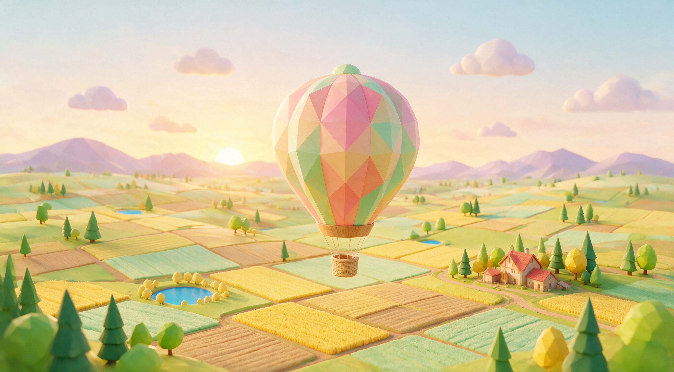 Stylized low-poly 3D scene of a hot-air balloon drifting over rolling patchwork farmland at sunrise, pastel palette, soft shadows