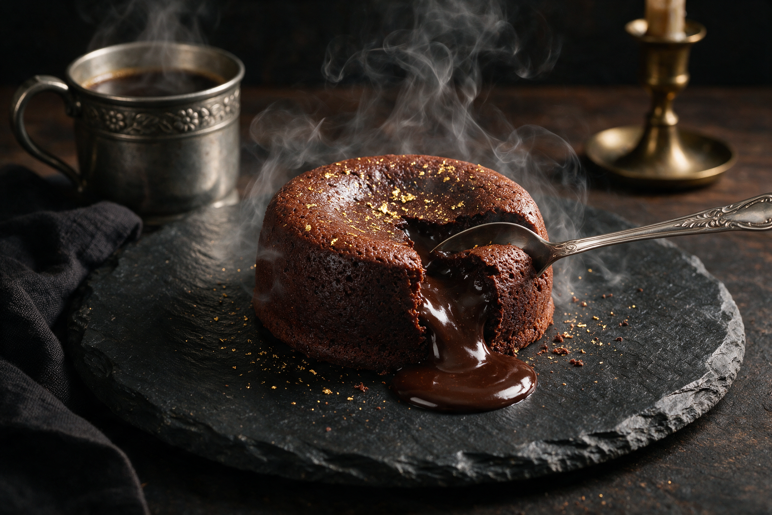 Editorial food photograph of a chocolate lava cake being cut open, molten center flowing, dark moody background, steam rising, single side light