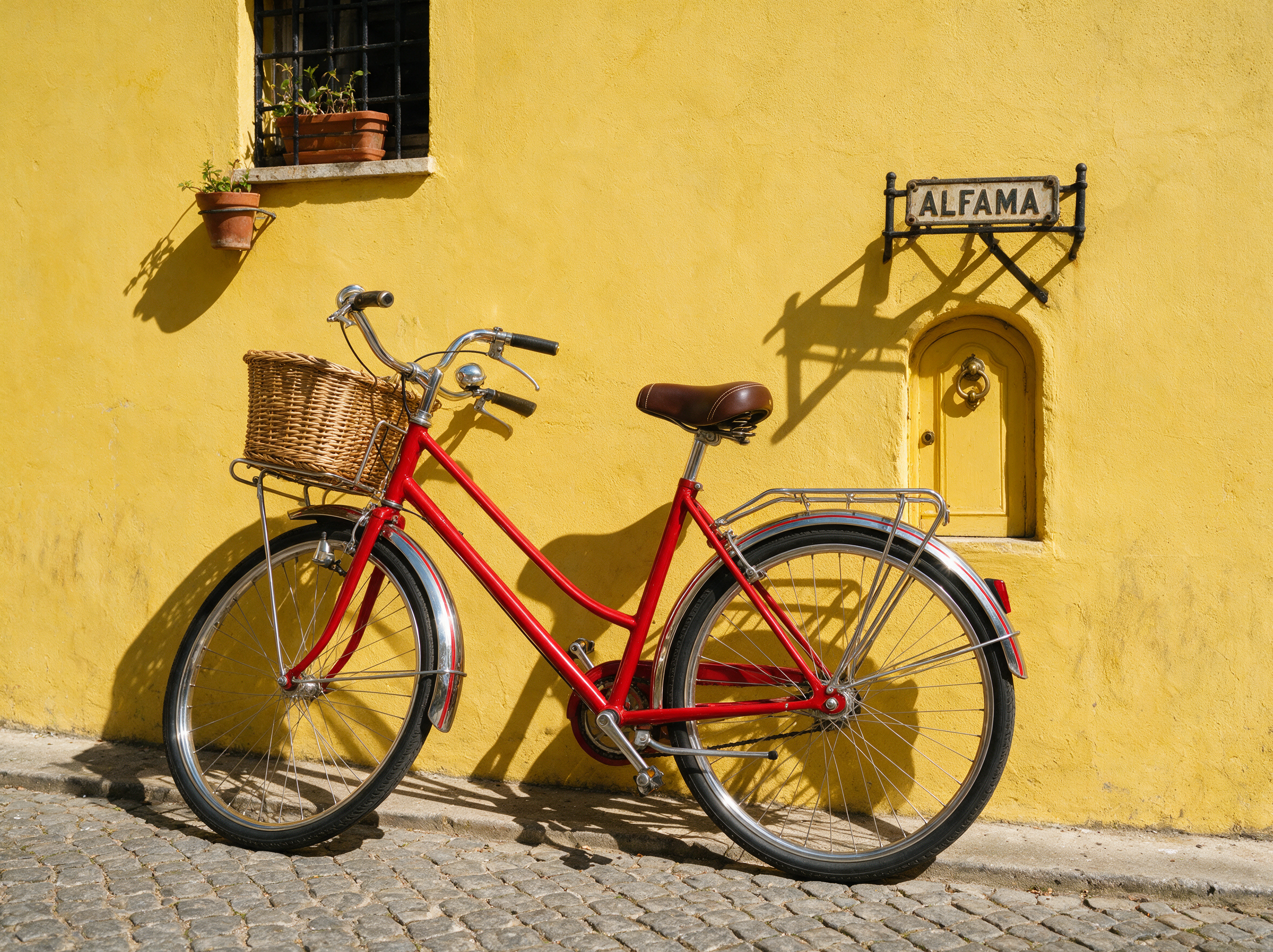 Example: A red vintage bicycle leaning against a sunflower-yellow wall in Lisbon