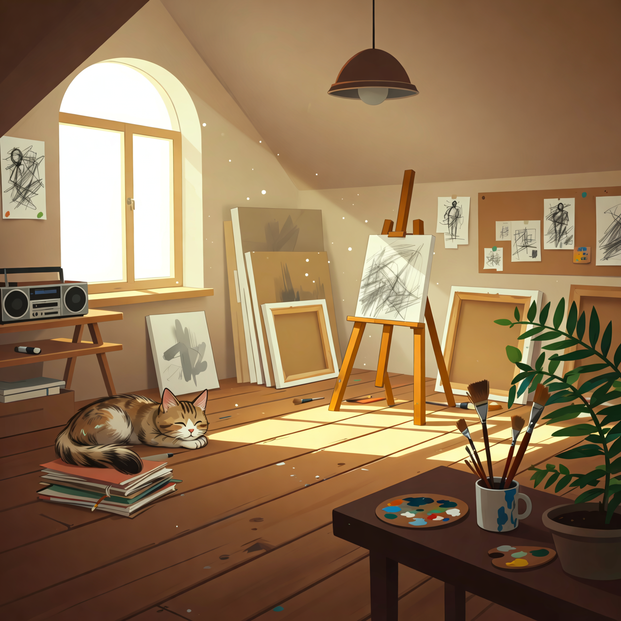 A cozy attic art studio in afternoon sun, canvases and brushes, warm dust motes