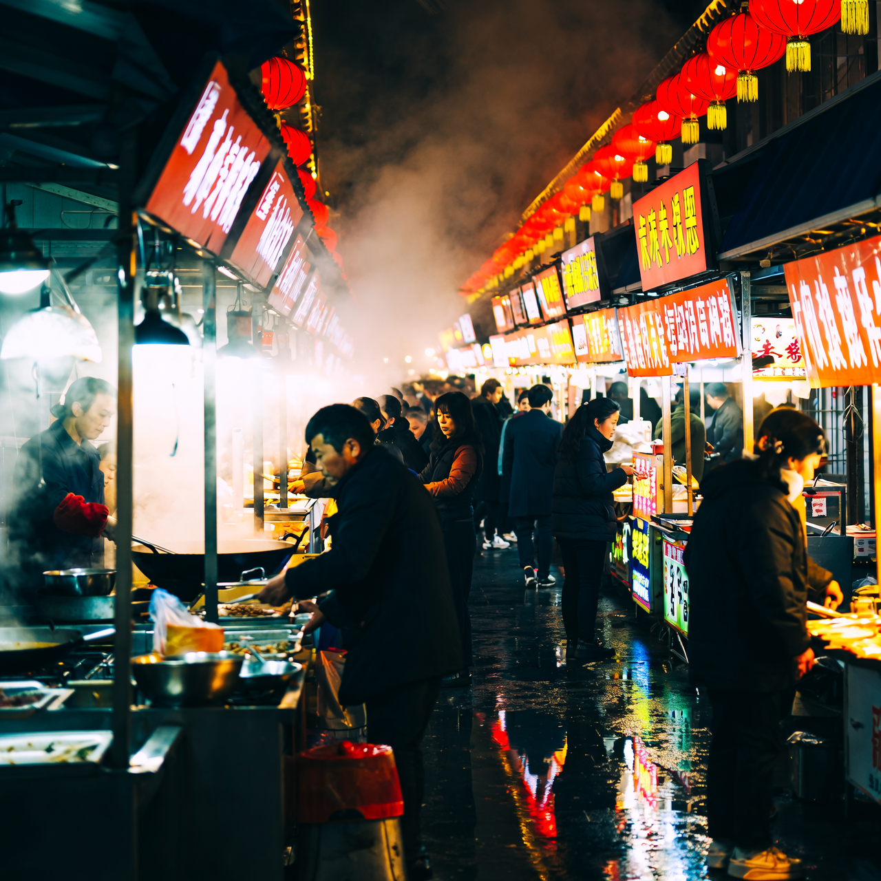 A vibrant night street food market, glowing lanterns and sizzling woks, rich color