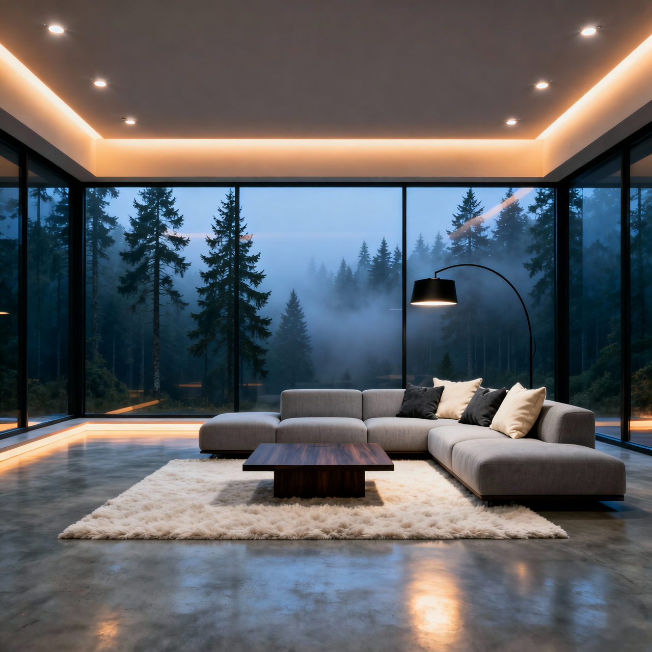 A modern living room with floor-to-ceiling windows over a misty forest, warm light