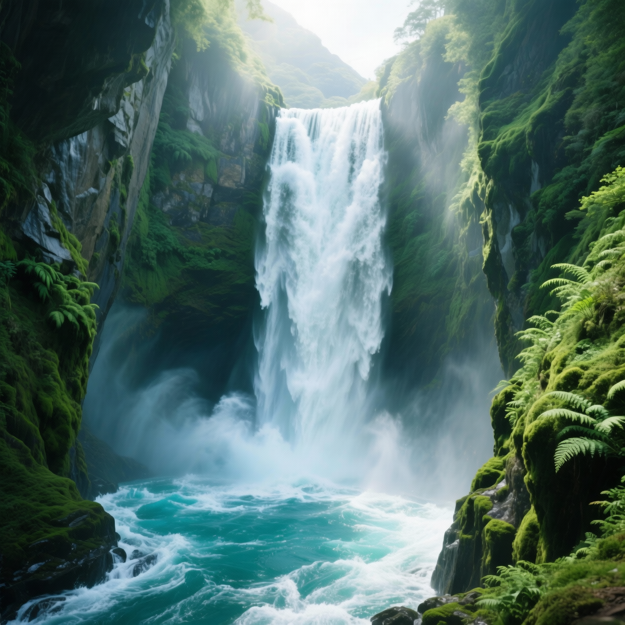 A powerful waterfall through a lush green canyon, mist catching rainbow light