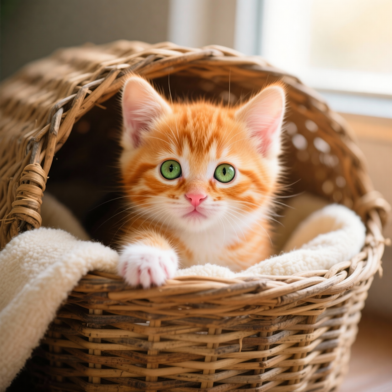 An orange tabby kitten peeking out of a wicker basket, soft window light