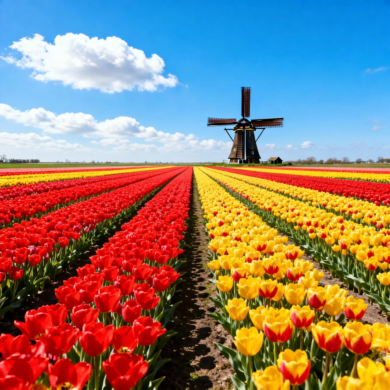 A field of vibrant tulips toward a windmill, bright blue sky, Dutch countryside